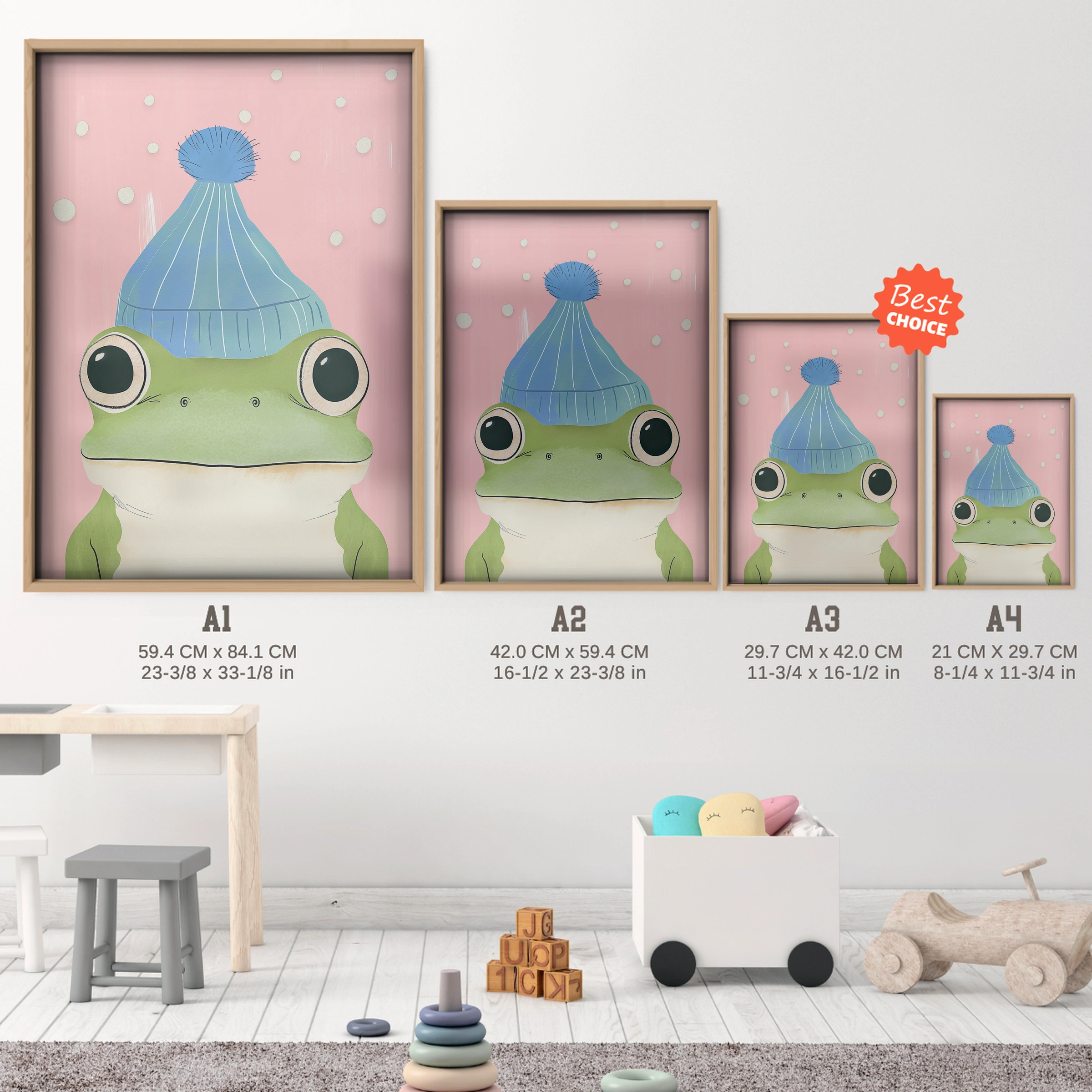 Frog in a Bobble Hat Nursery Print - size guide A4 A3 A2 A1 nursery print