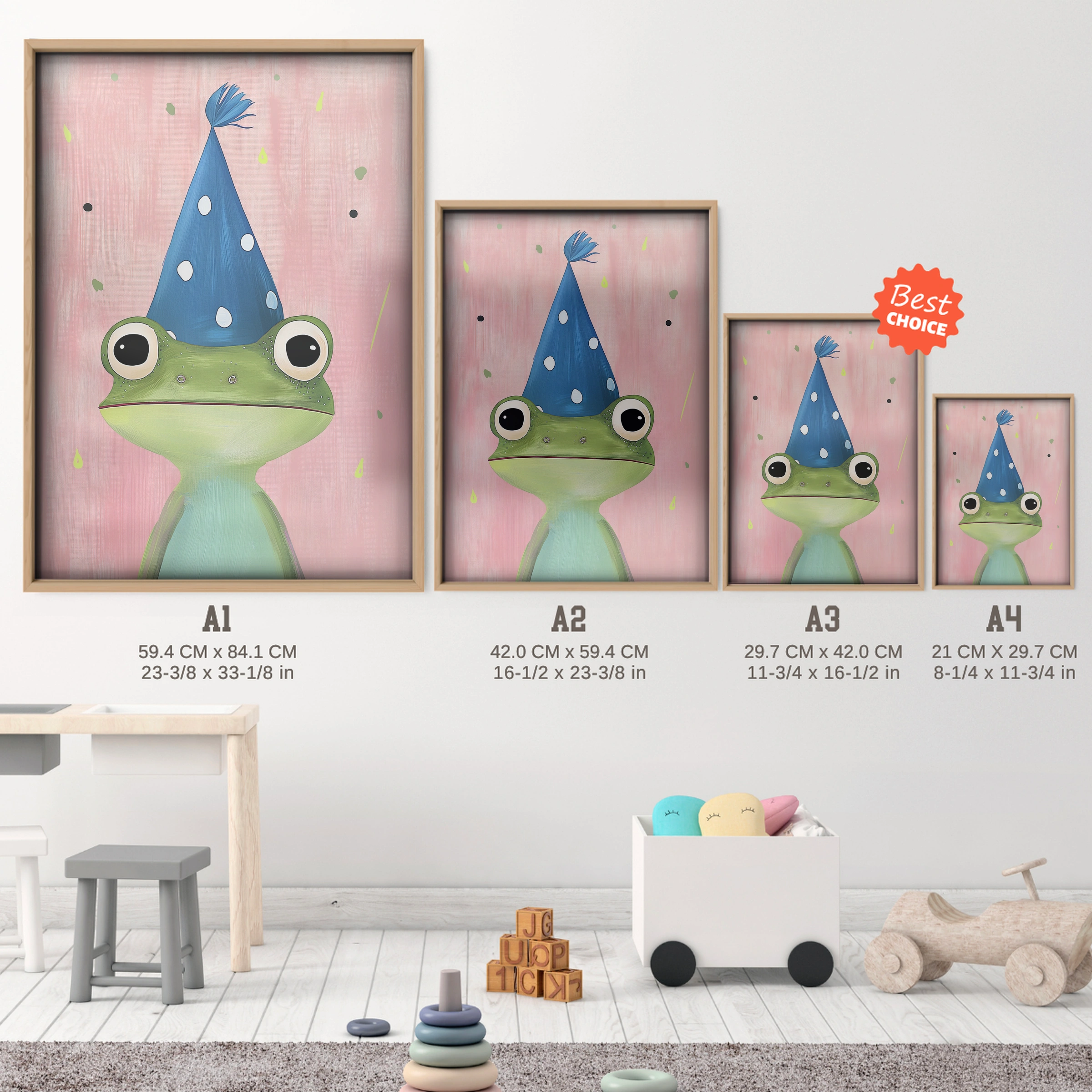 Frog in a Party Hat Nursery Print - size guide A4 A3 A2 A1 nursery print