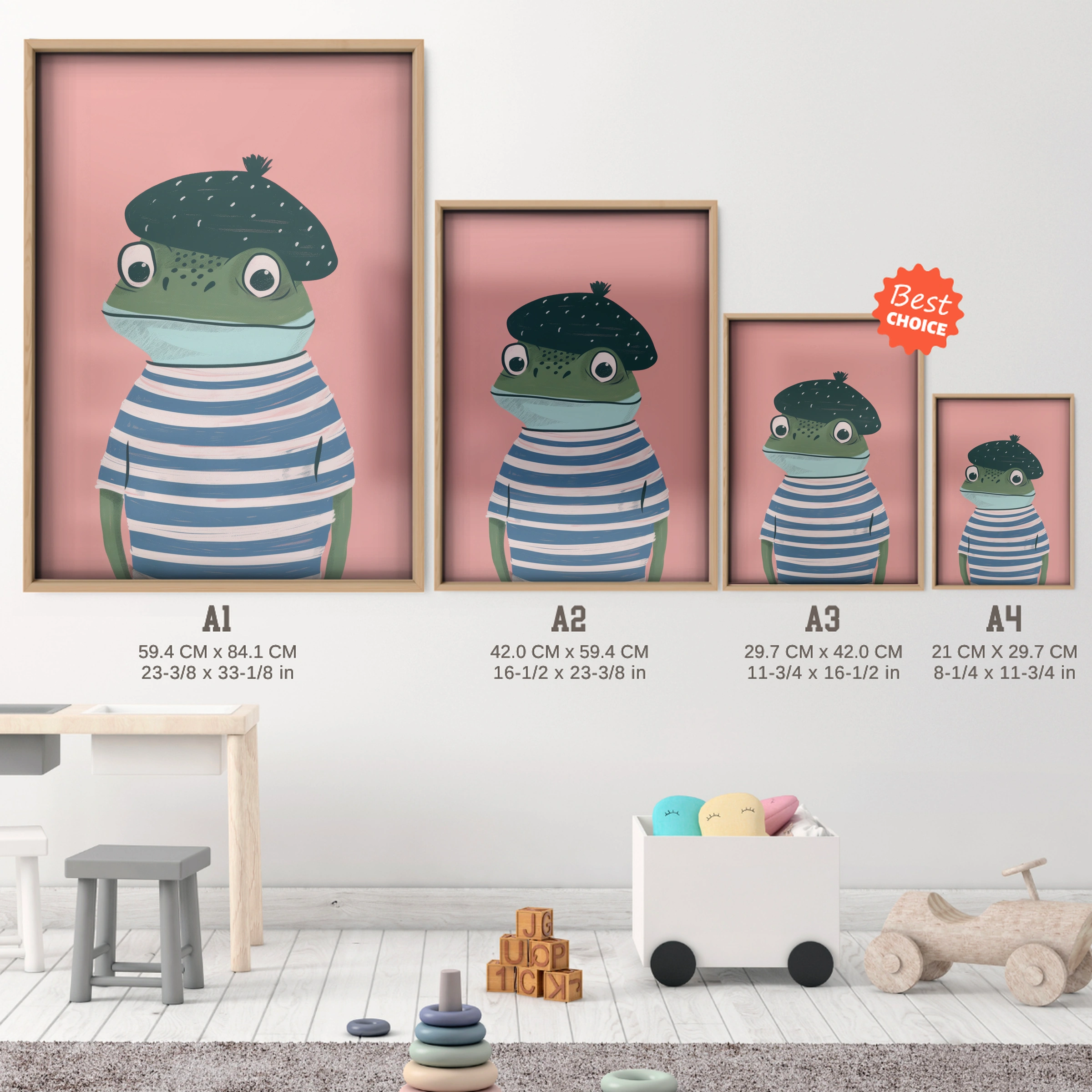 Frog in a Striped Top Nursery Print - size guide A4 A3 A2 A1 nursery print