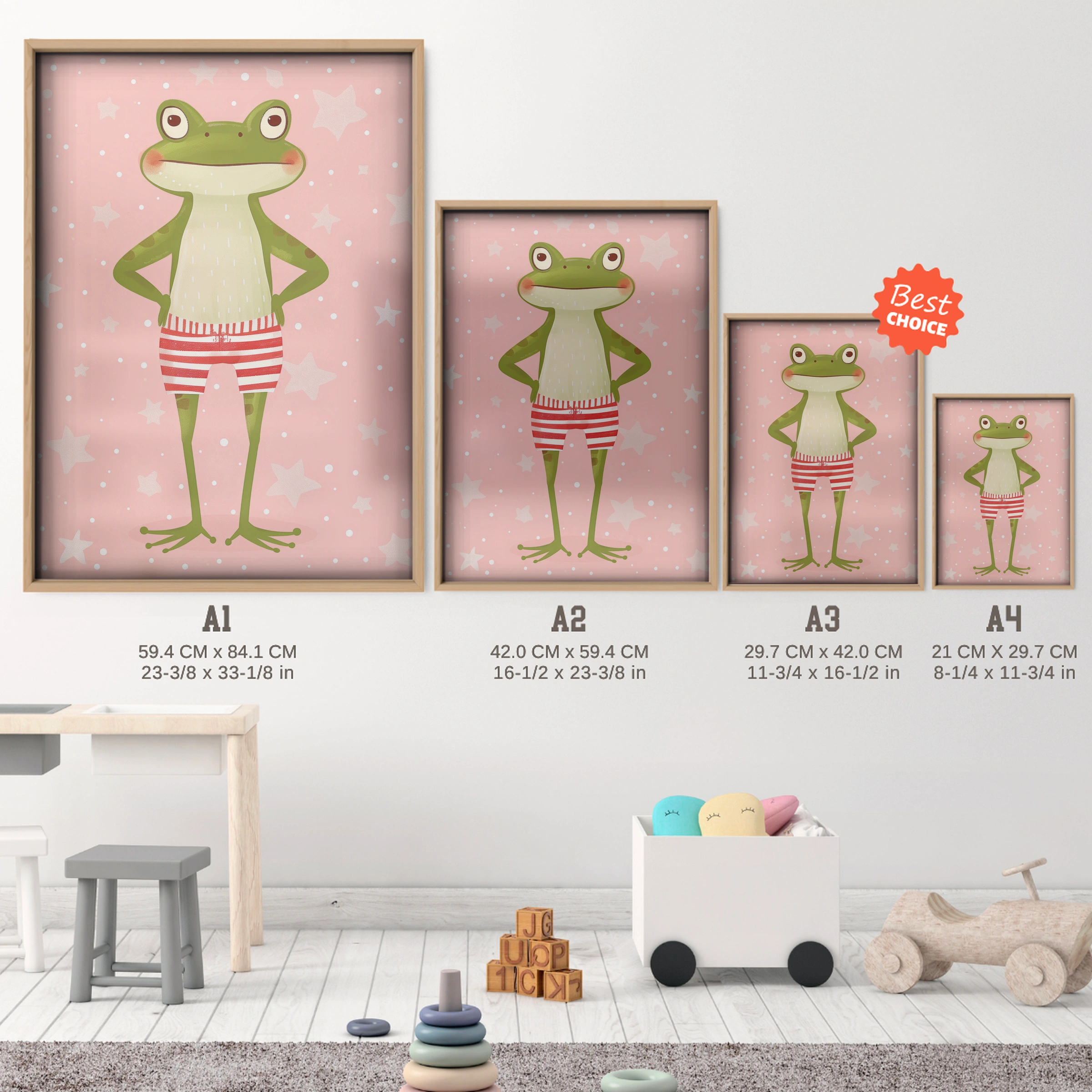 Frog in Swim Trunks Nursery Print - size guide A4 A3 A2 A1 nursery print
