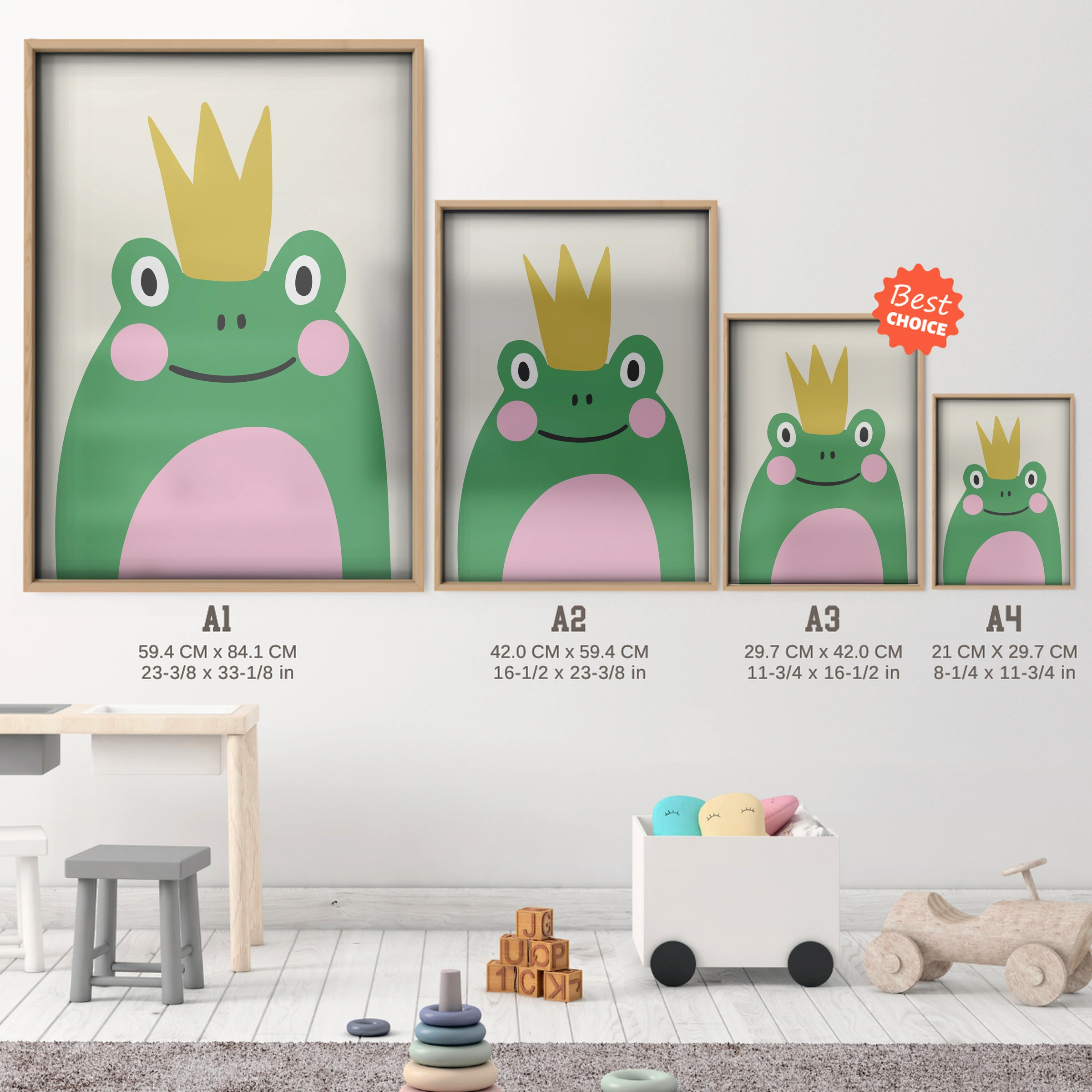 Frog King Nursery Print - size guide A4 A3 A2 A1 nursery print