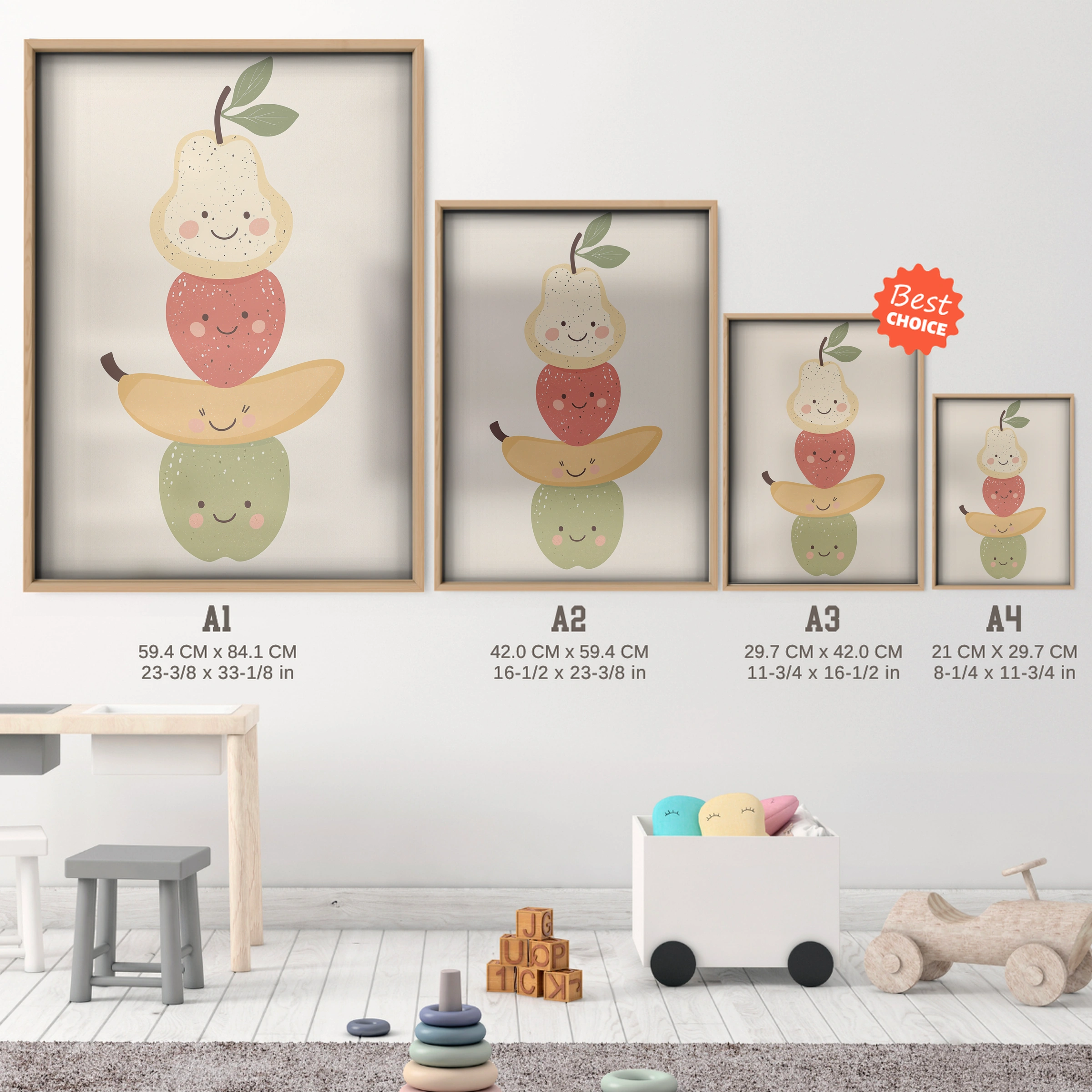Fruit Stack Nursery Print - size guide A4 A3 A2 A1 nursery print