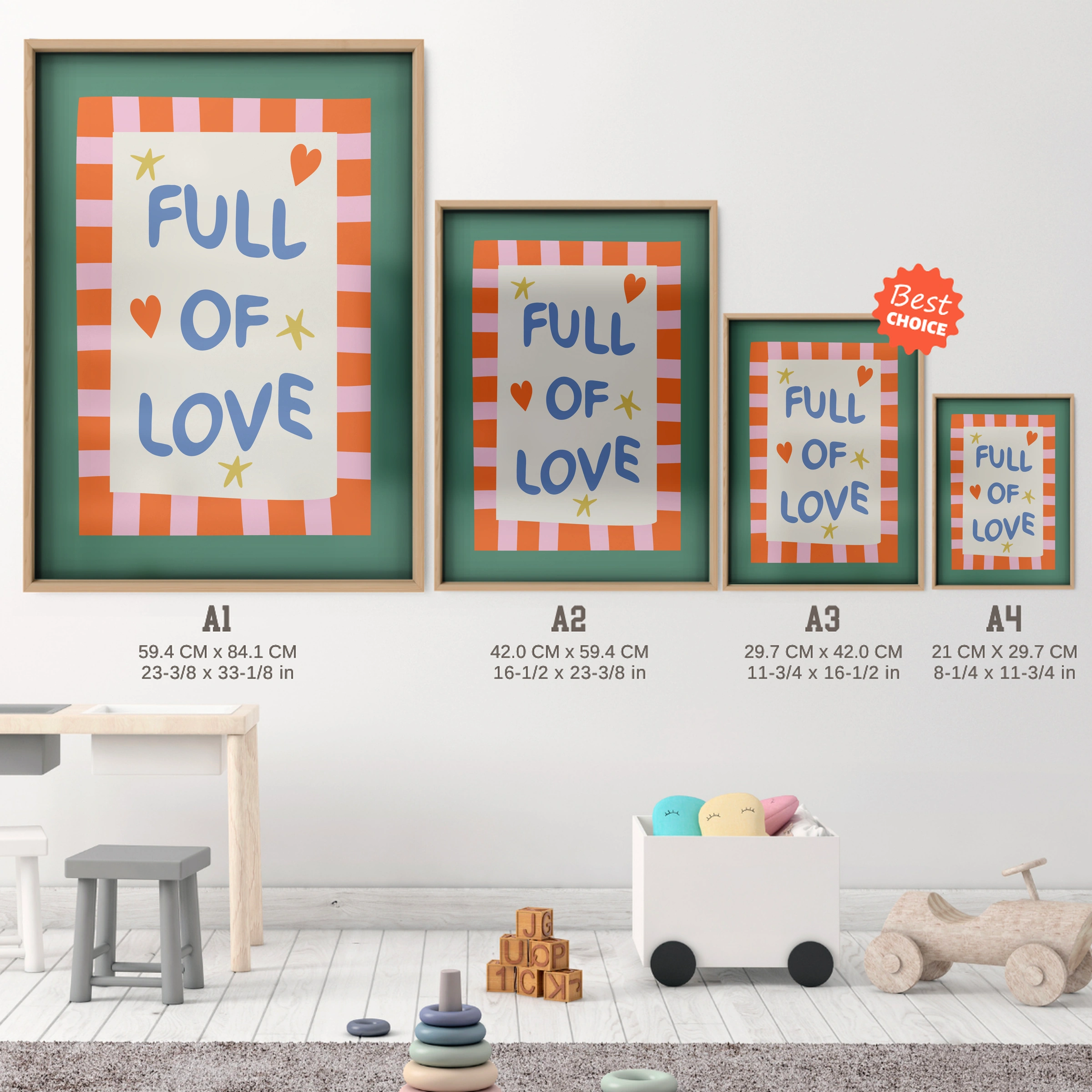 Full Of Love Nursery Print - size guide A4 A3 A2 A1 nursery print