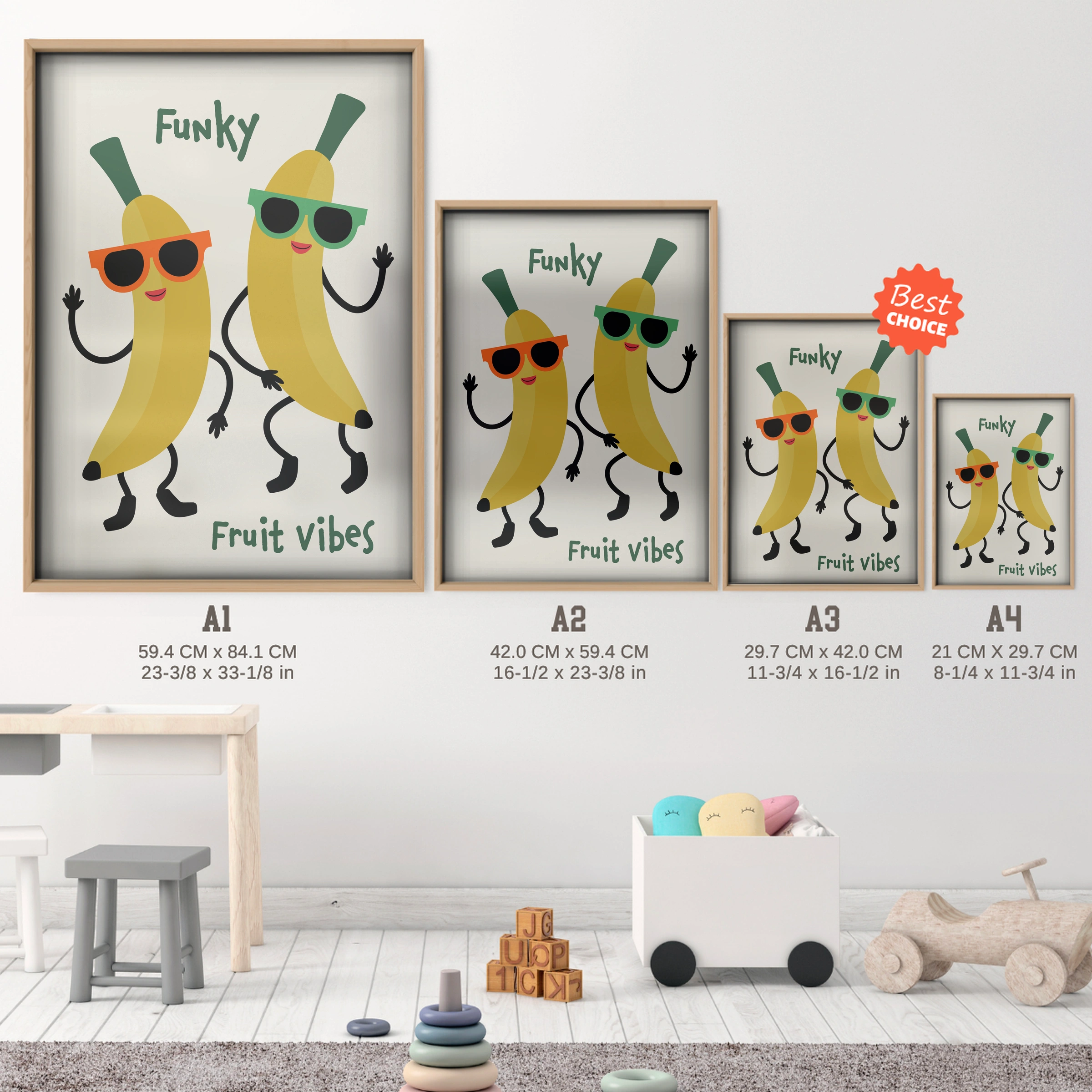 Funky Fruit Vibes Nursery Print - size guide A4 A3 A2 A1 nursery print