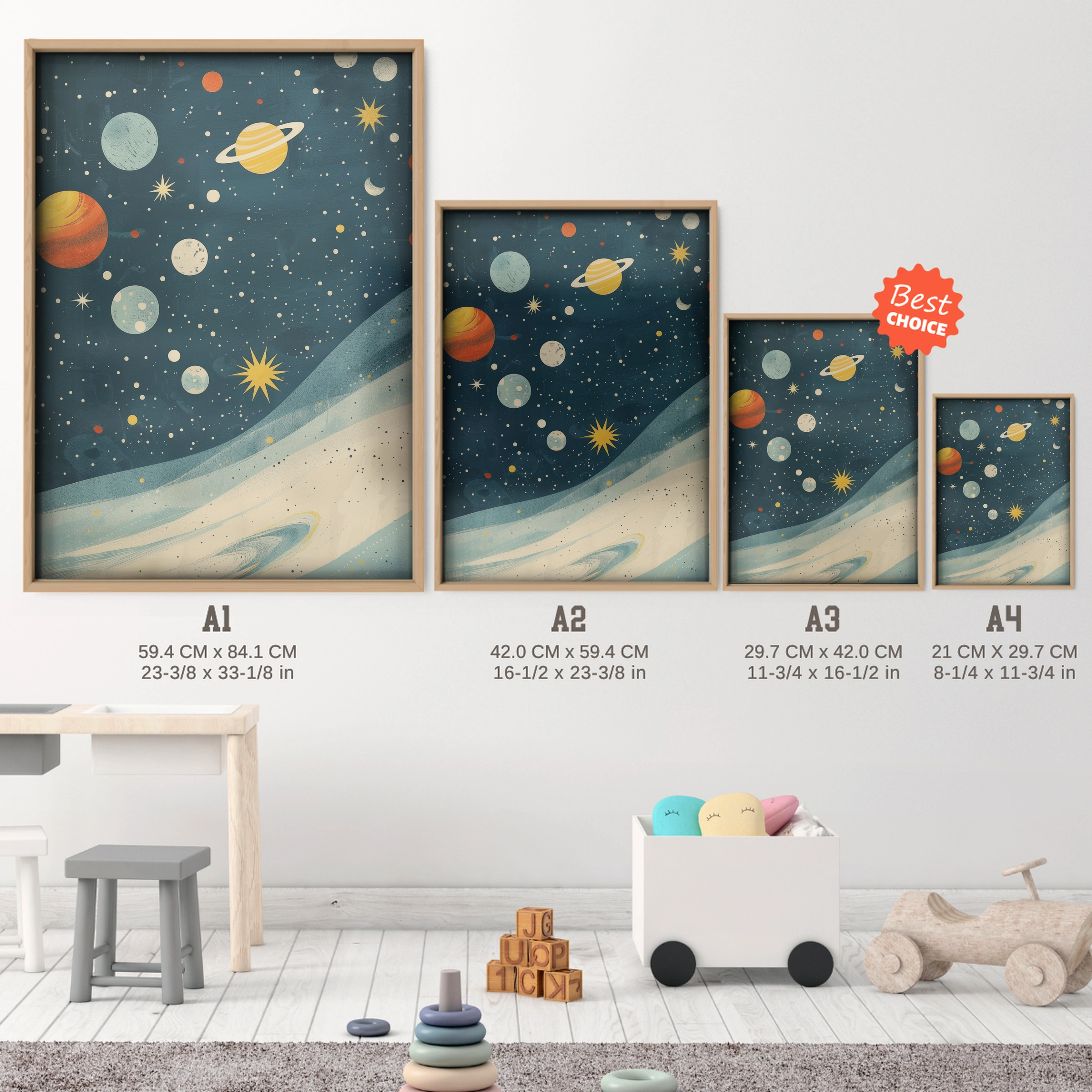 Galaxy Planets Nursery Print - size guide A4 A3 A2 A1 nursery print