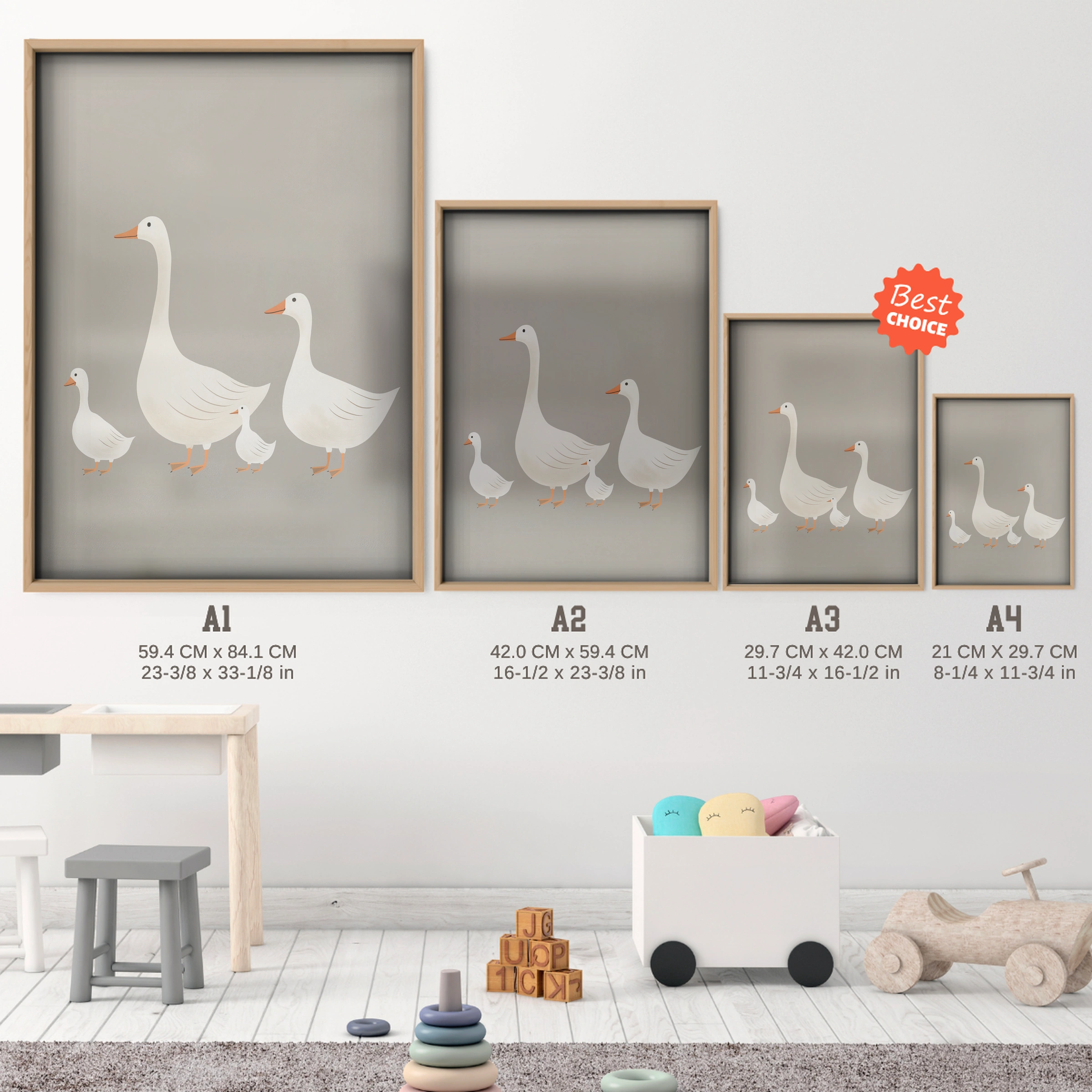 Geese Family Nursery Print - size guide A4 A3 A2 A1 nursery print