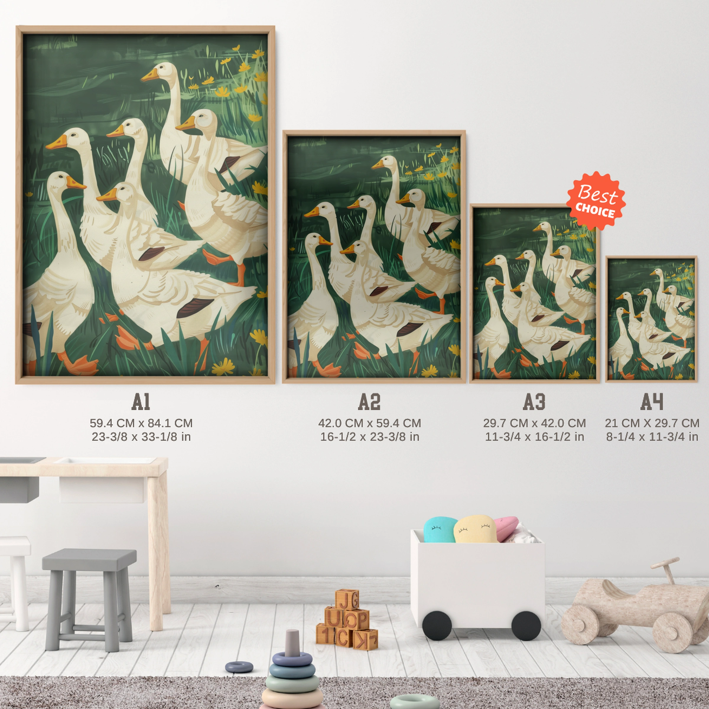 Geese in the Meadow Nursery Print - size guide A4 A3 A2 A1 nursery print