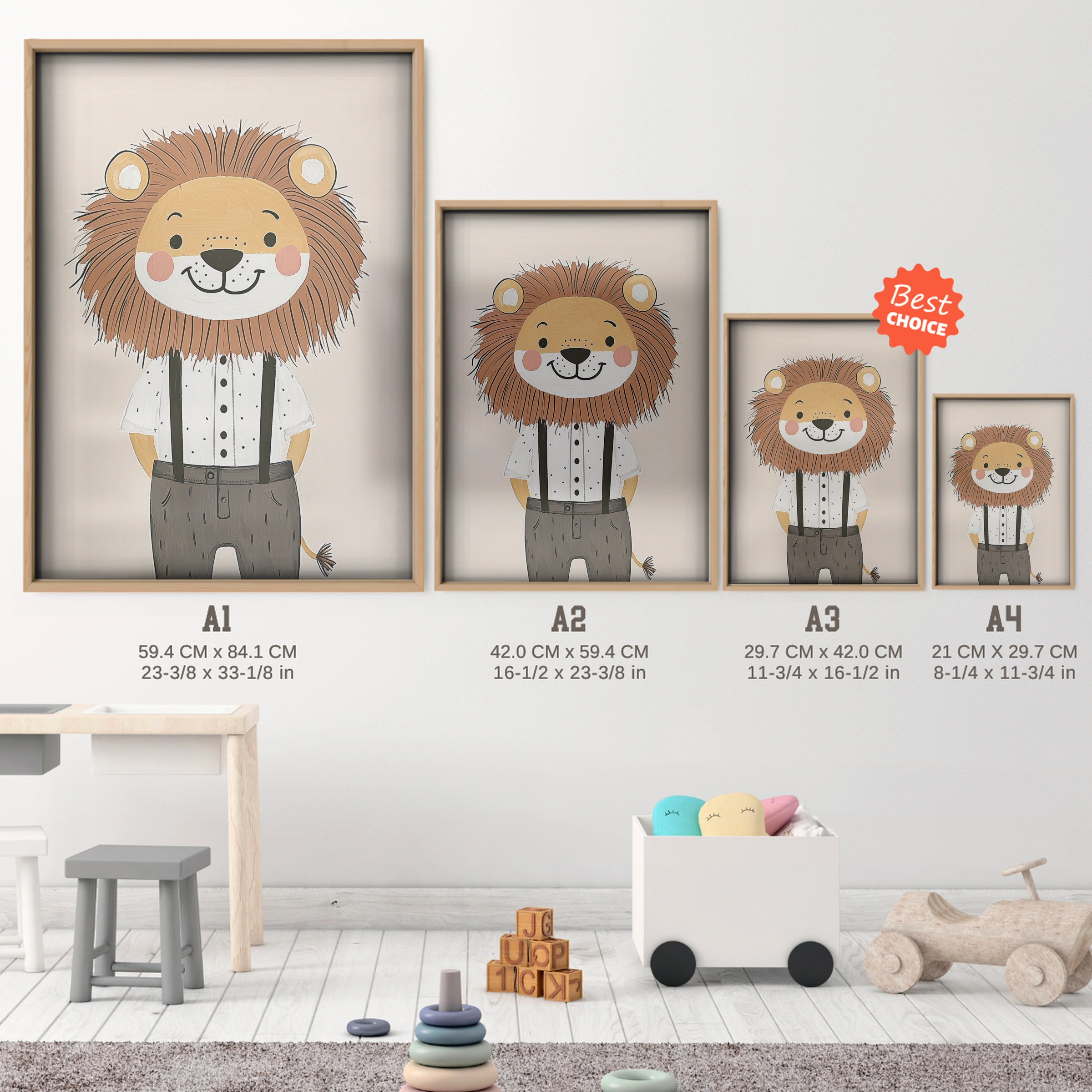Gentleman Lion Nursery Print - size guide A4 A3 A2 A1 nursery print
