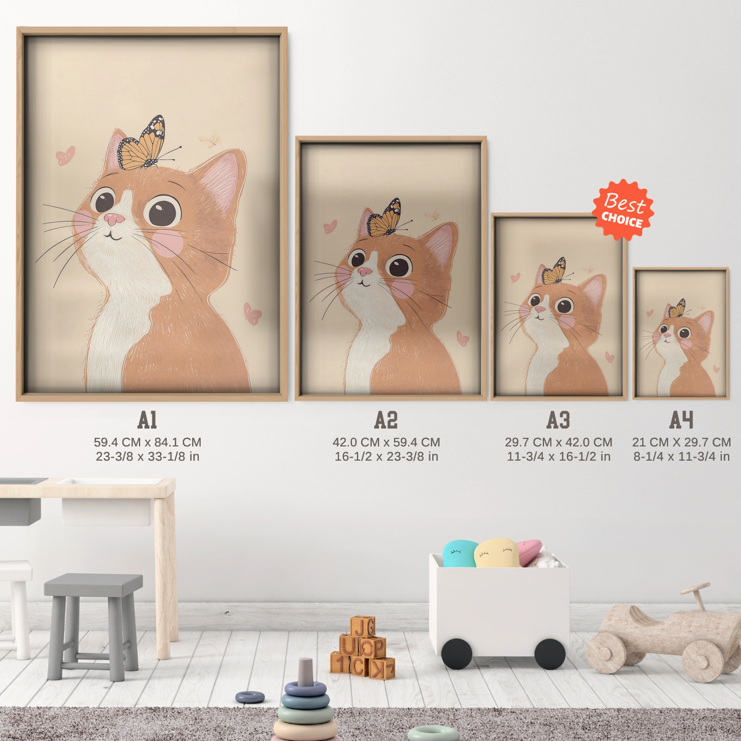 Ginger Cat Nursery Print - size guide A4 A3 A2 A1 nursery print