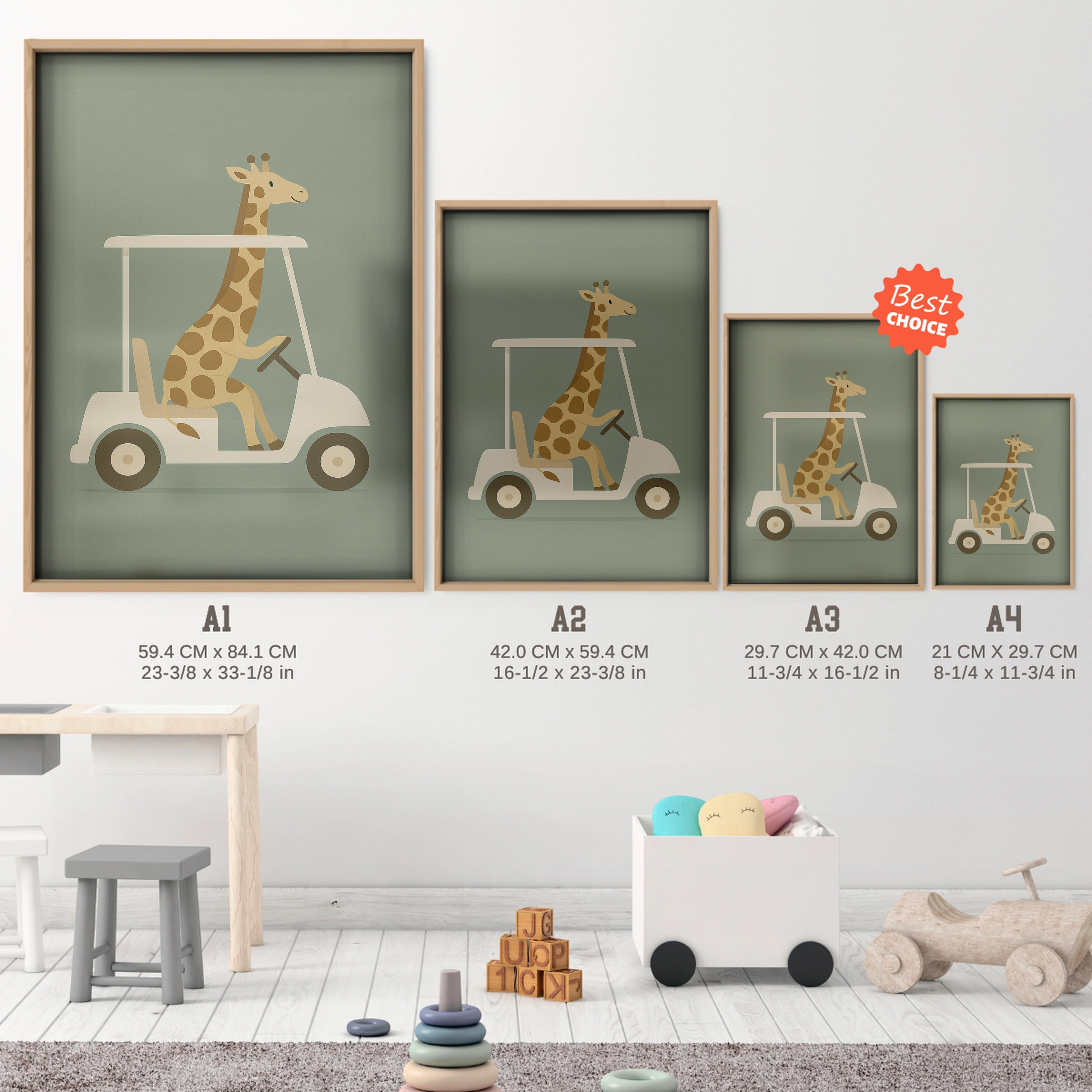 Giraffe Golf Cart Nursery Print - size guide A4 A3 A2 A1 nursery print