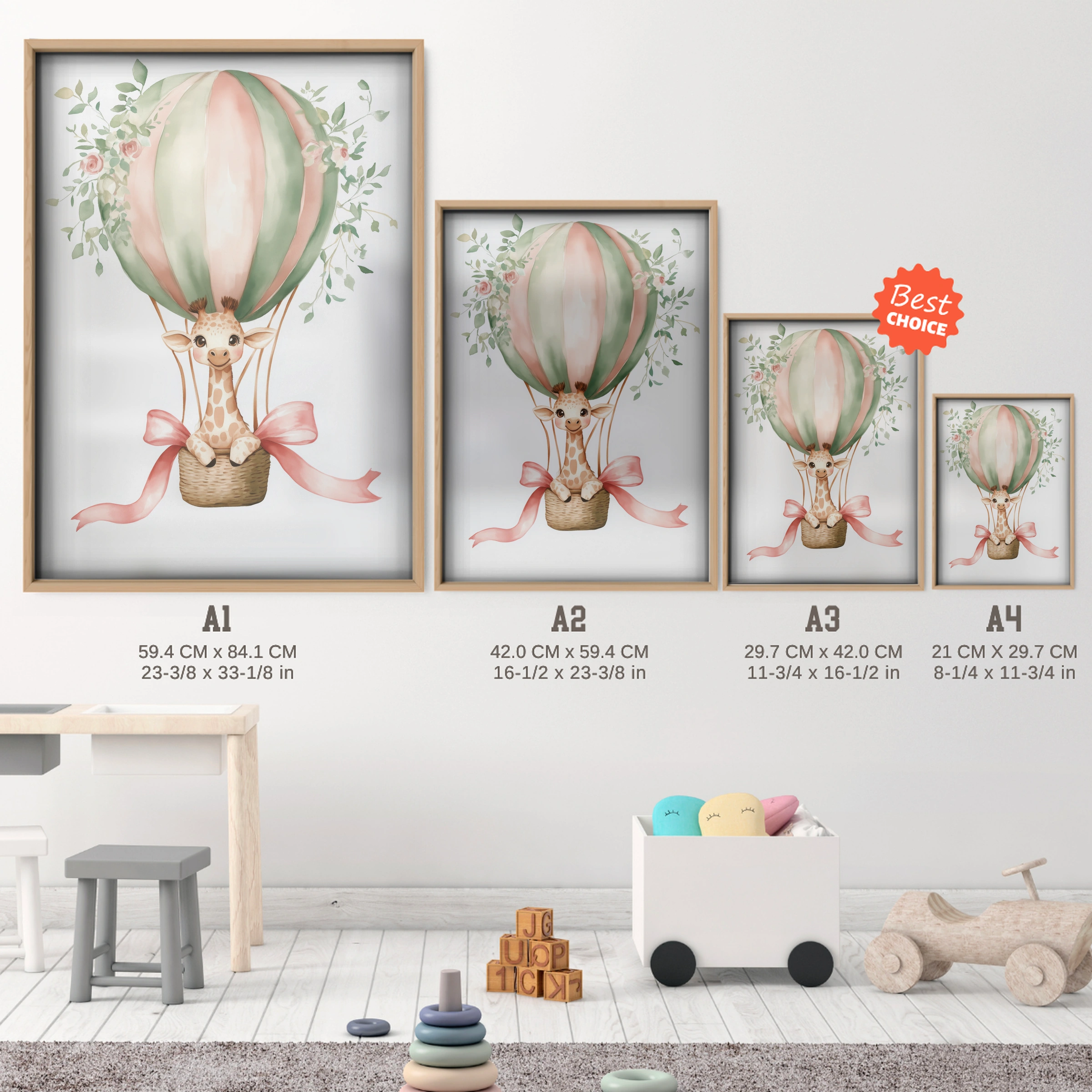 Giraffe Hot Air Balloon Nursery Print - size guide A4 A3 A2 A1 nursery print