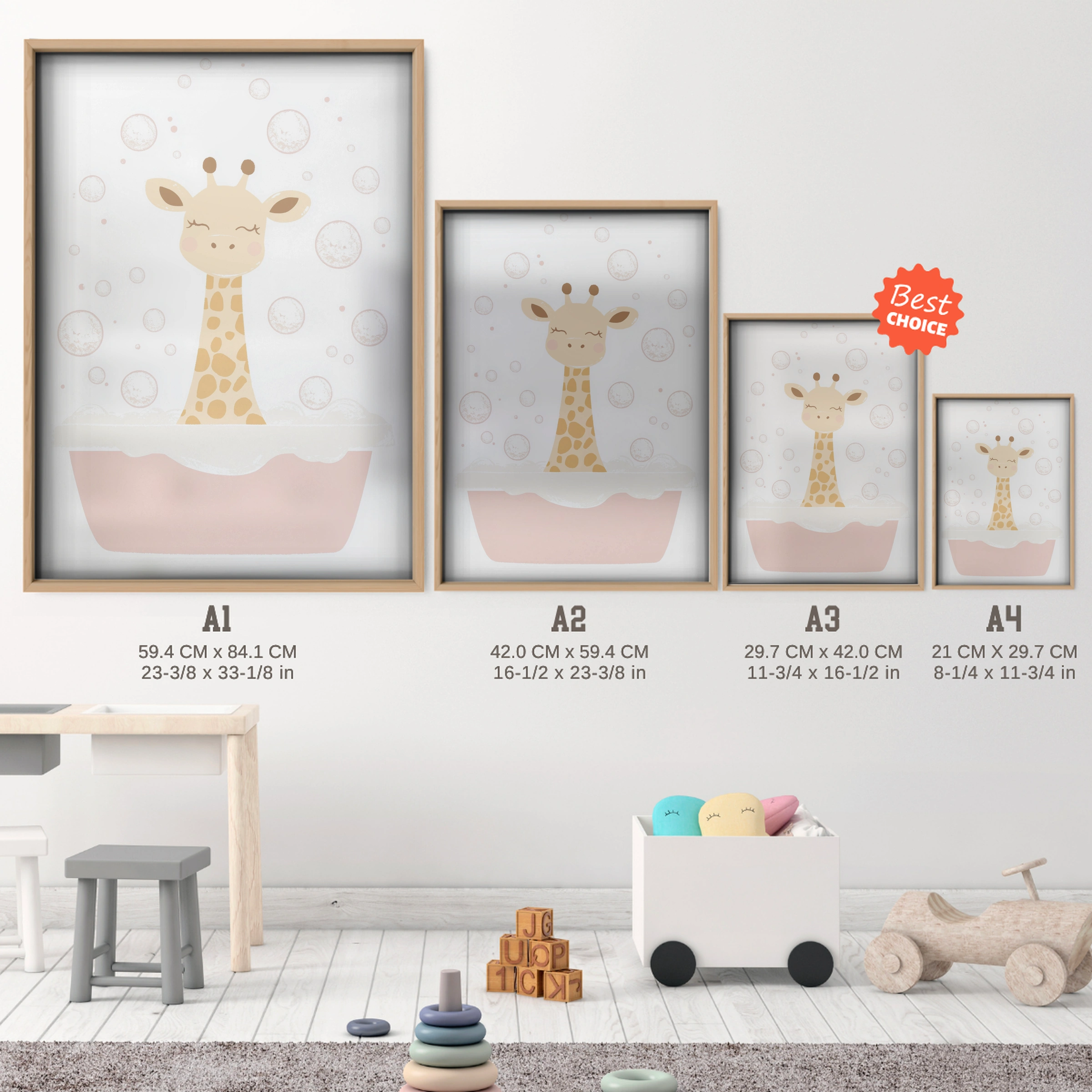 Giraffe in the Bath Nursery Print - size guide A4 A3 A2 A1 nursery print