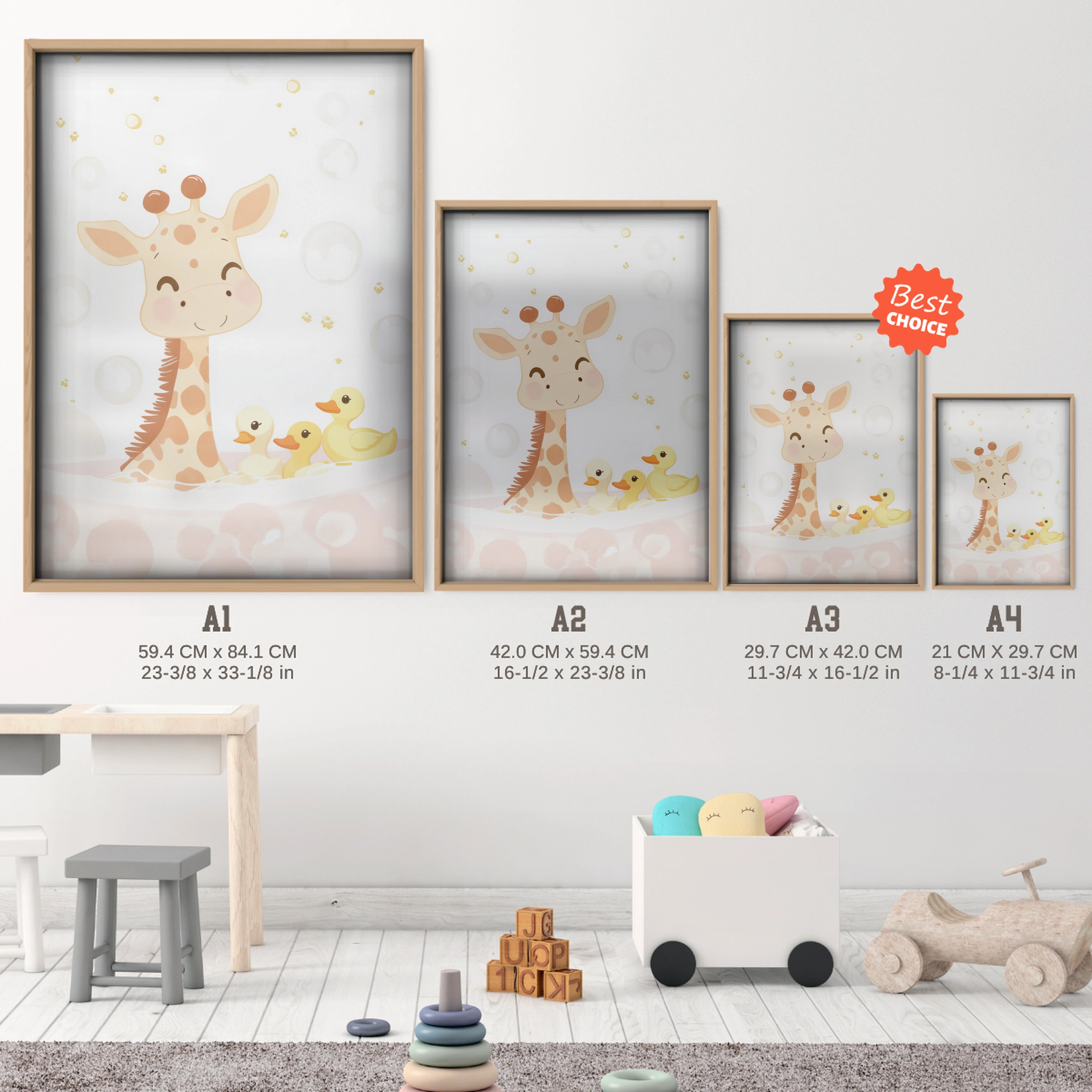 Giraffe in the Bath Two Nursery Print - size guide A4 A3 A2 A1 nursery print