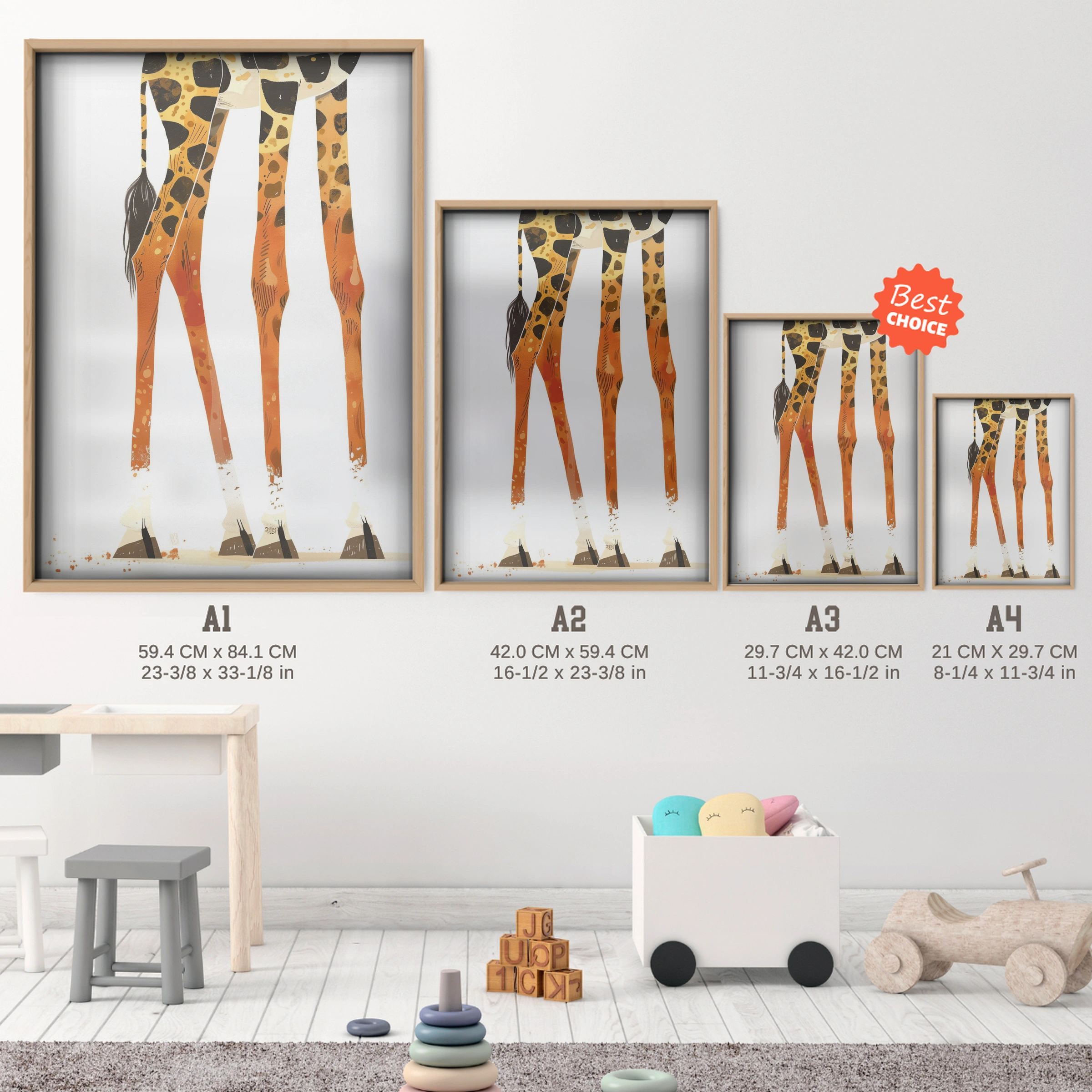 Giraffe Legs Nursery Print - size guide A4 A3 A2 A1 nursery print