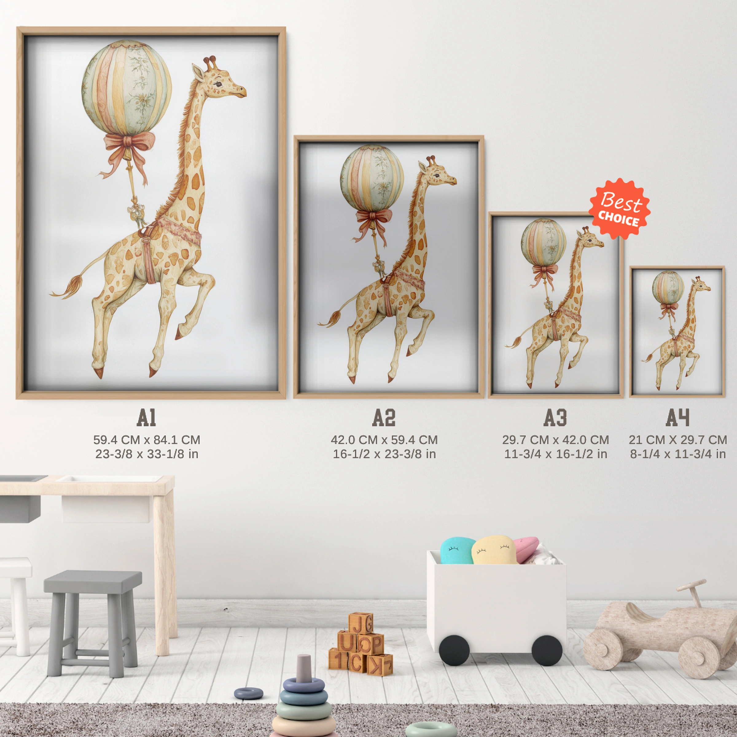 Giraffe with a Balloon Nursery Print - size guide A4 A3 A2 A1 nursery print