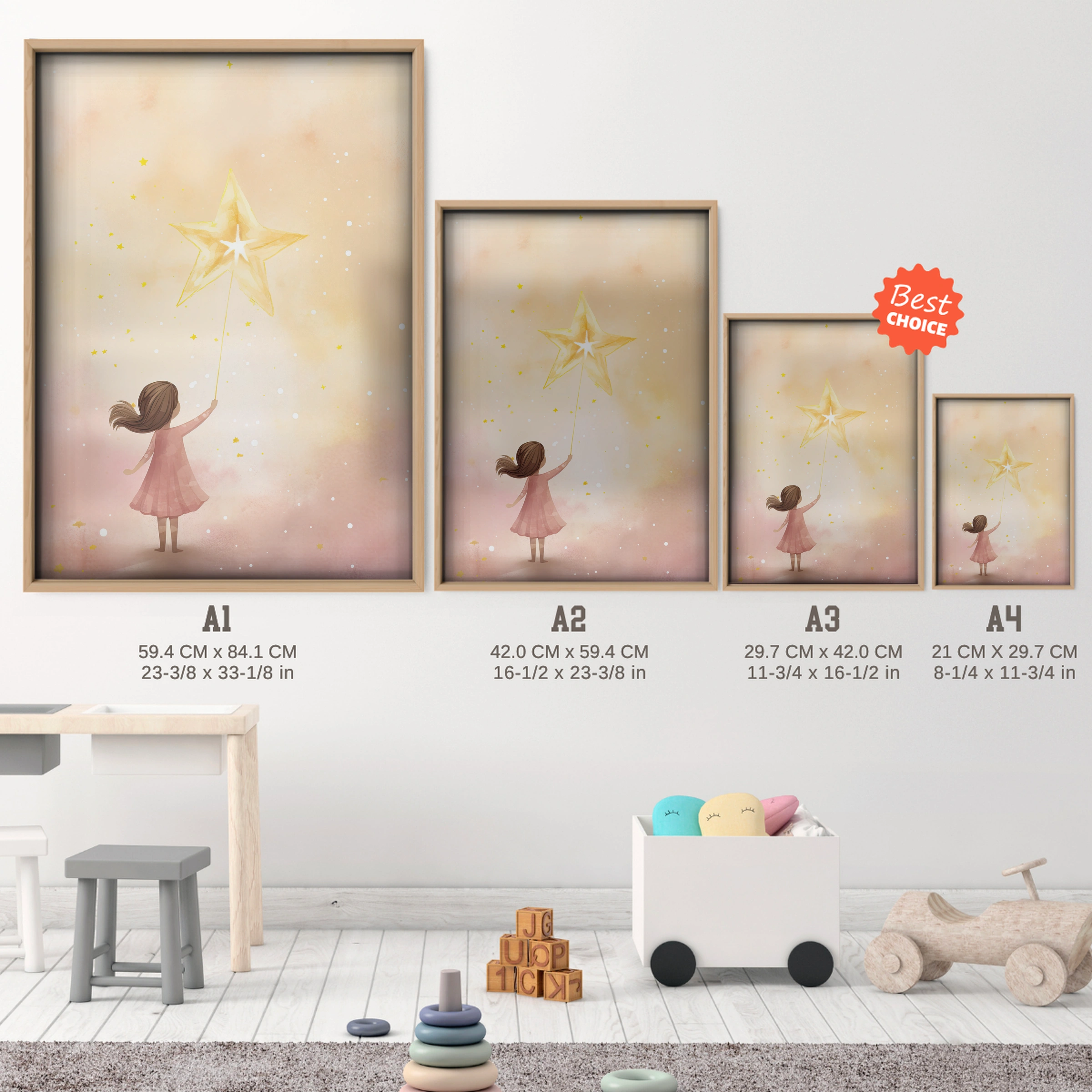 Girl and a Star Nursery Print - size guide A4 A3 A2 A1 nursery print