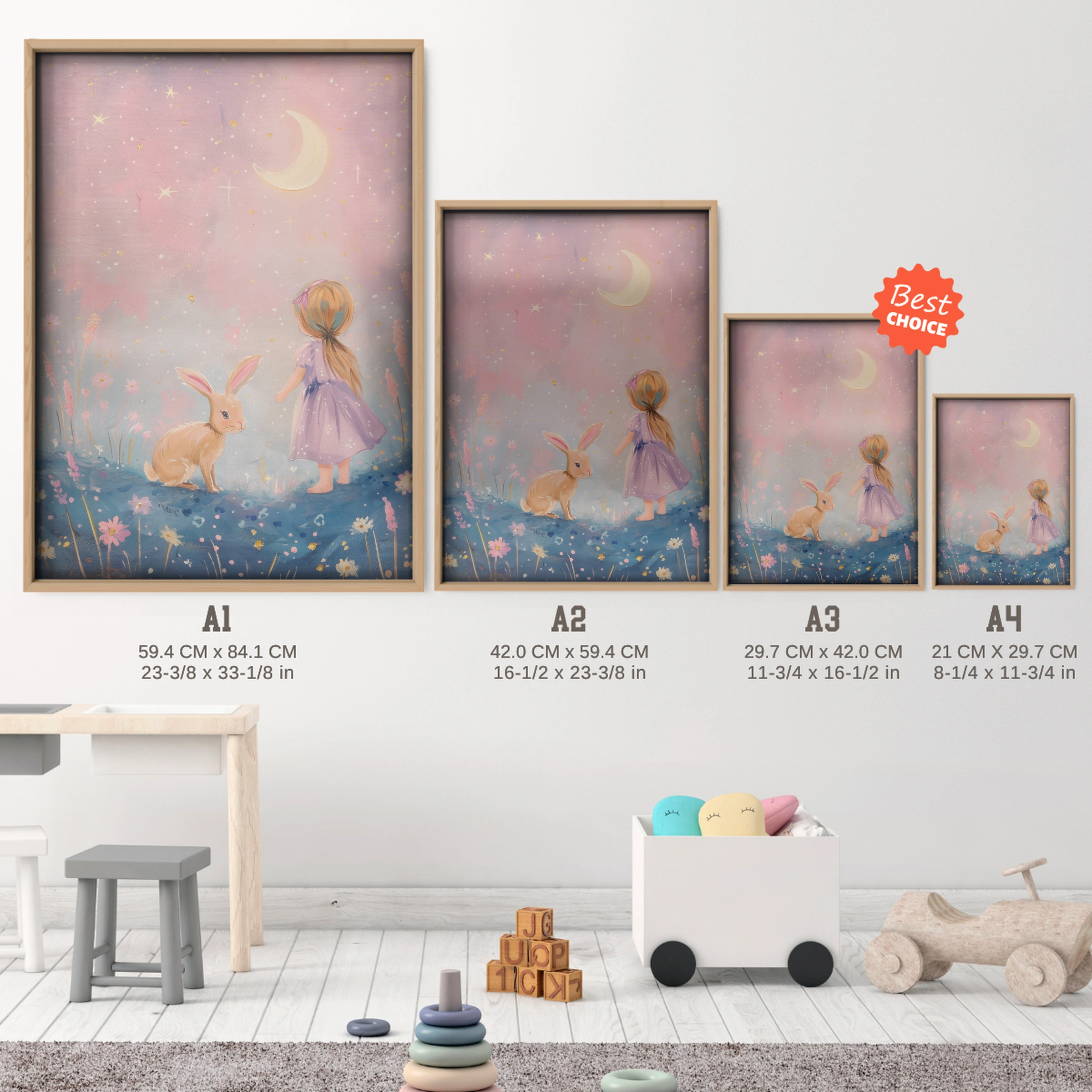 Girl and Bunny at Night Nursery Print - size guide A4 A3 A2 A1 nursery print