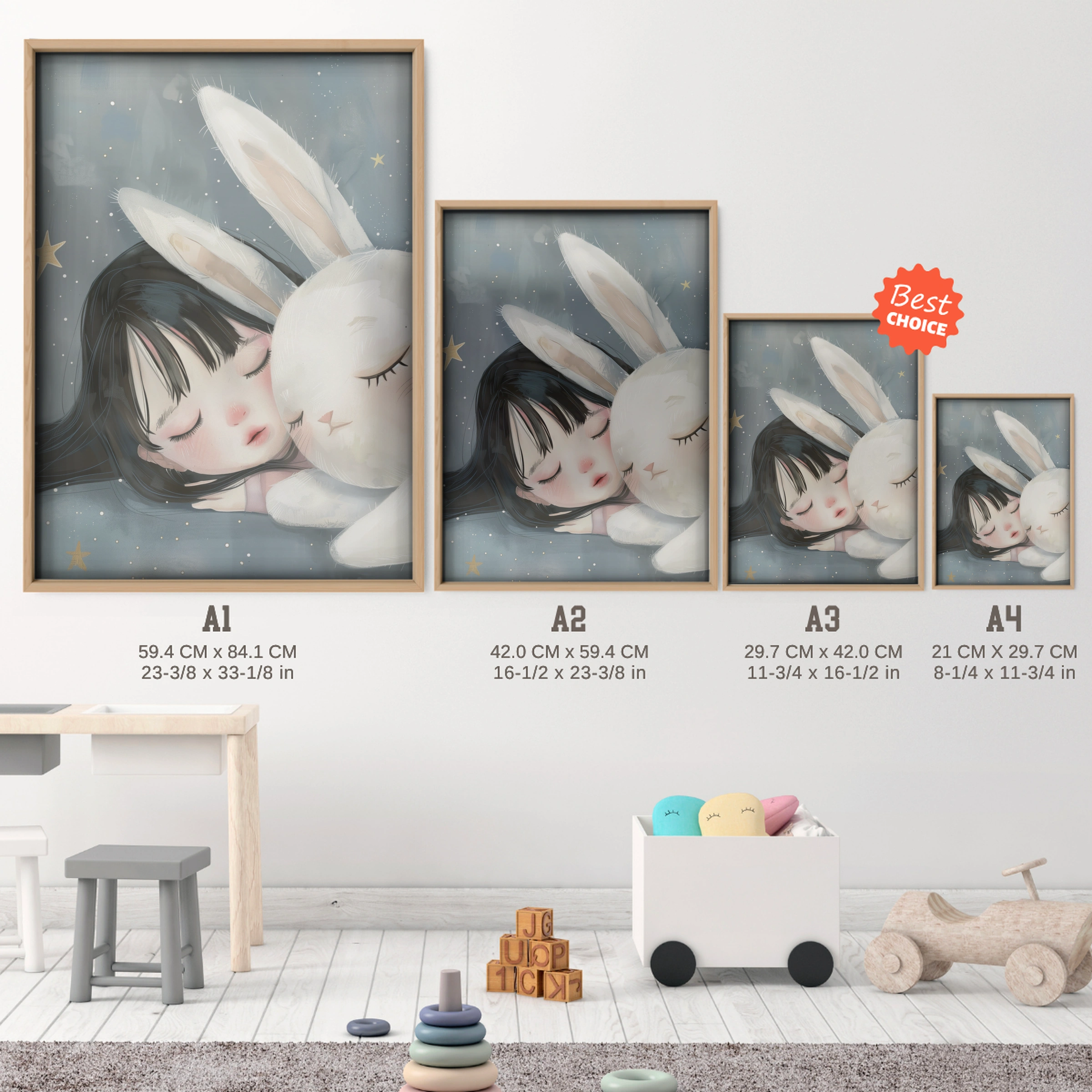Girl and Bunny Sleeping Nursery Print - size guide A4 A3 A2 A1 nursery print