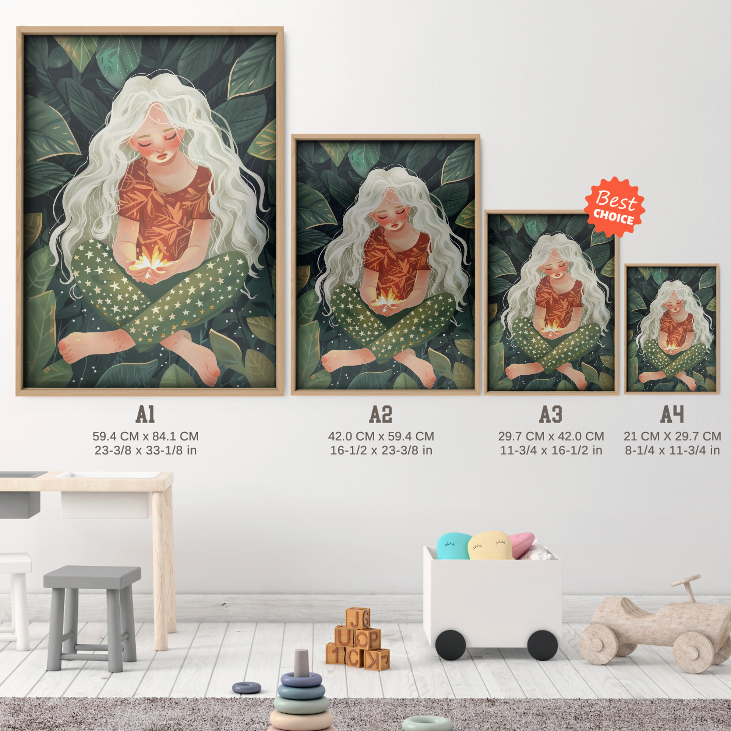 Girl and Fireflies Nursery Print - size guide A4 A3 A2 A1 nursery print