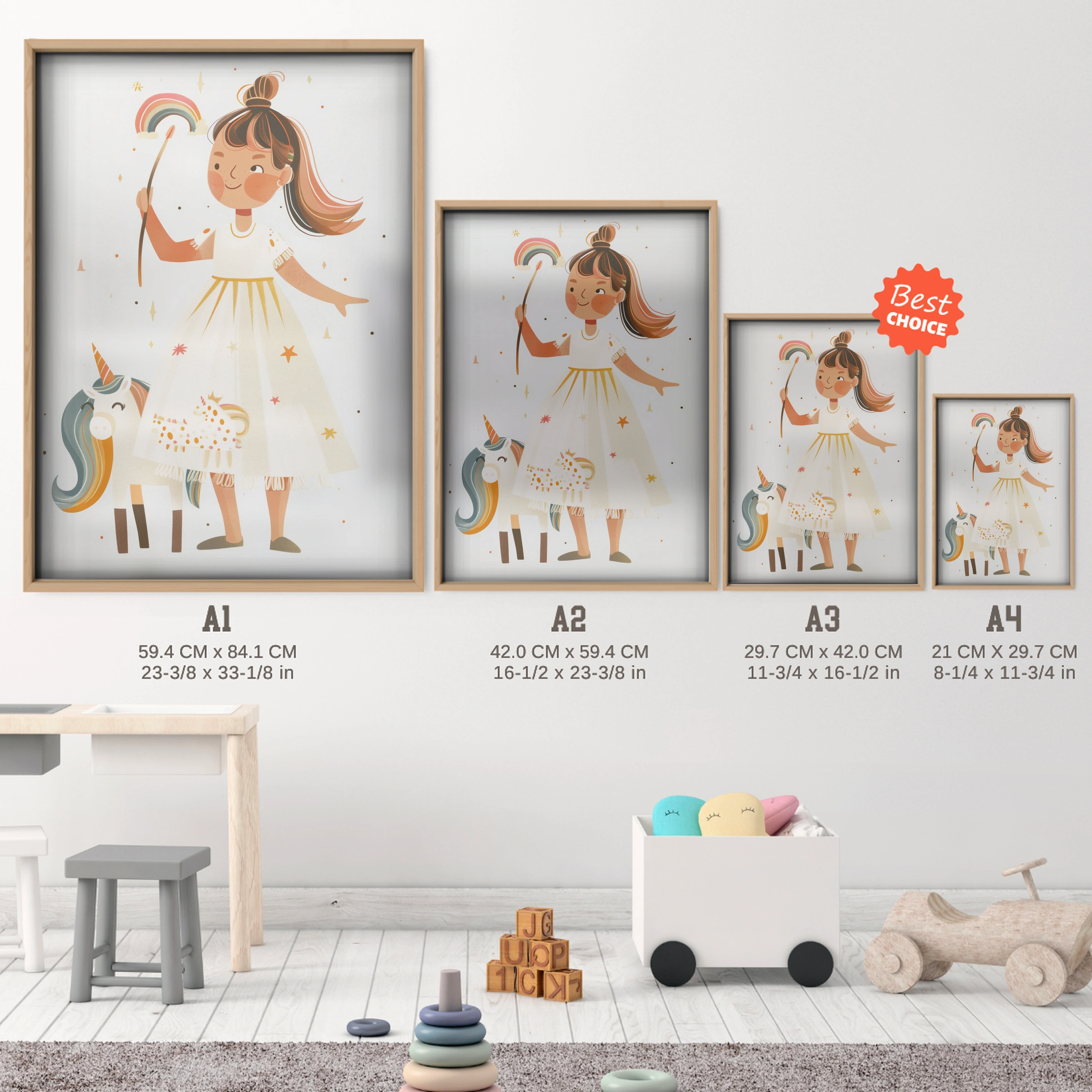 Girl and Her Unicorn Nursery Print - size guide A4 A3 A2 A1 nursery print