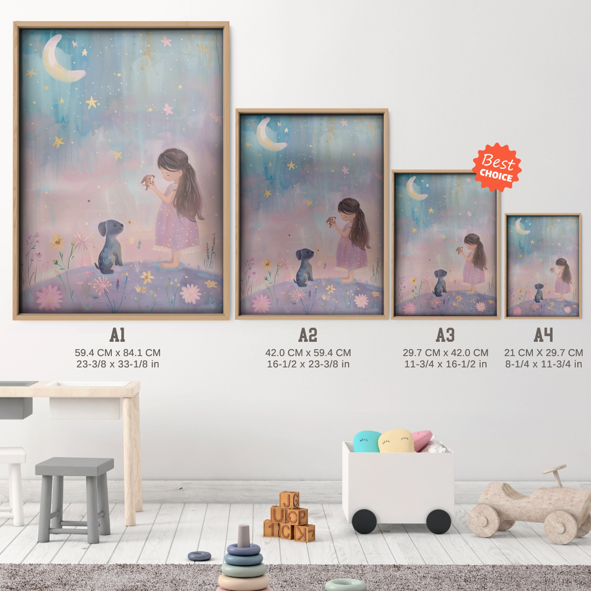 Girl and Puppy in a Meadow Nursery Print - size guide A4 A3 A2 A1 nursery print