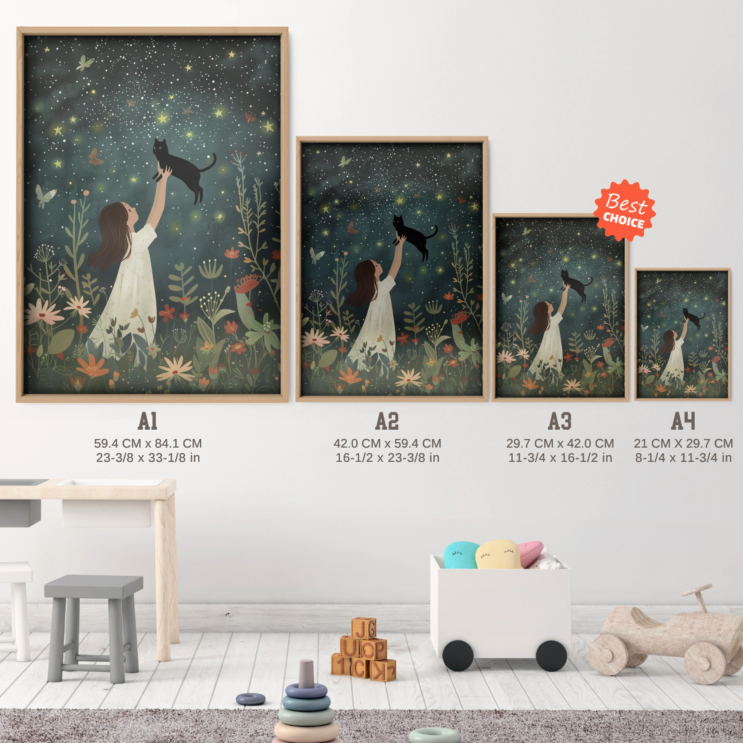 Girl and the Cat at Night Nursery Print - size guide A4 A3 A2 A1 nursery print