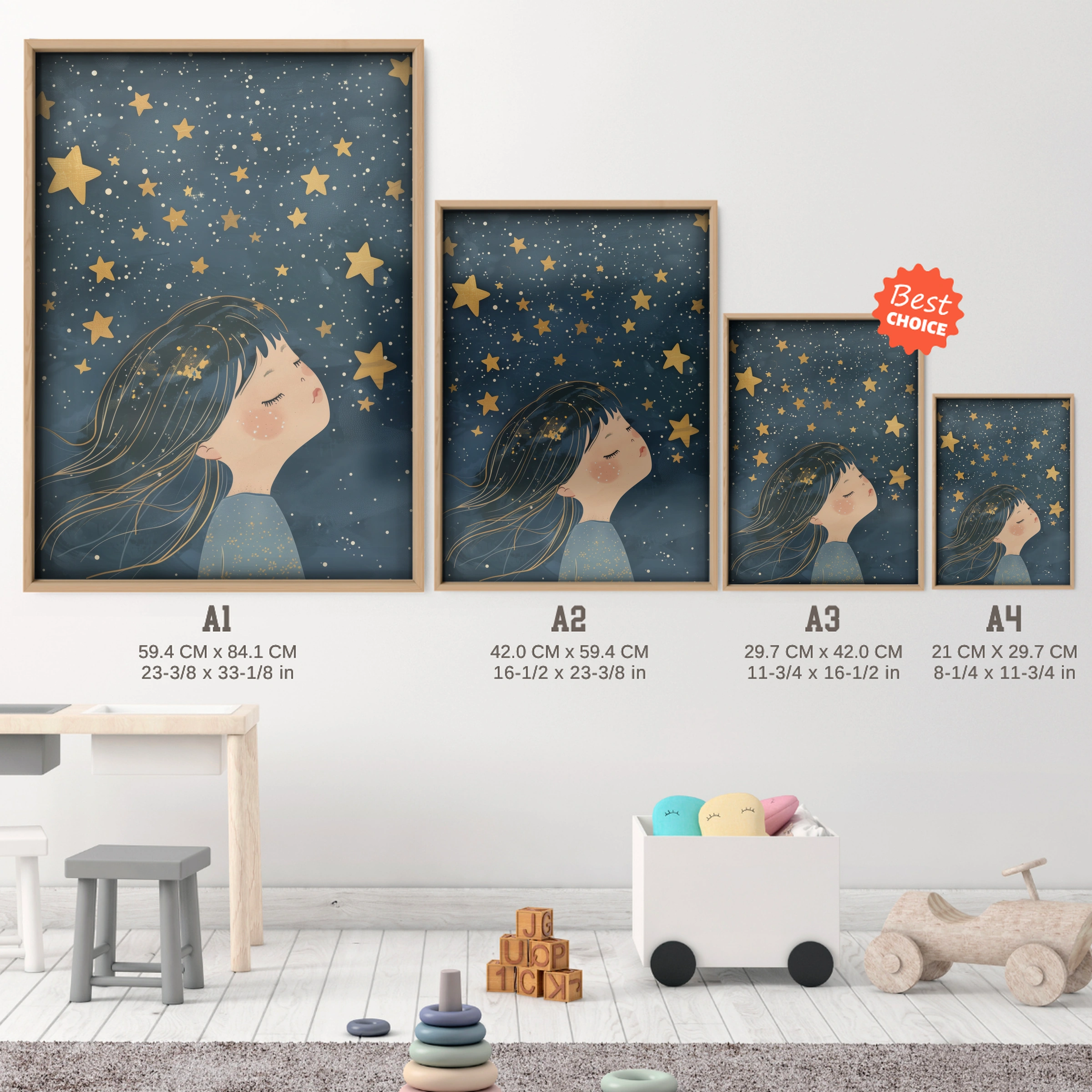 Girl and the Stars Nursery Print - size guide A4 A3 A2 A1 nursery print