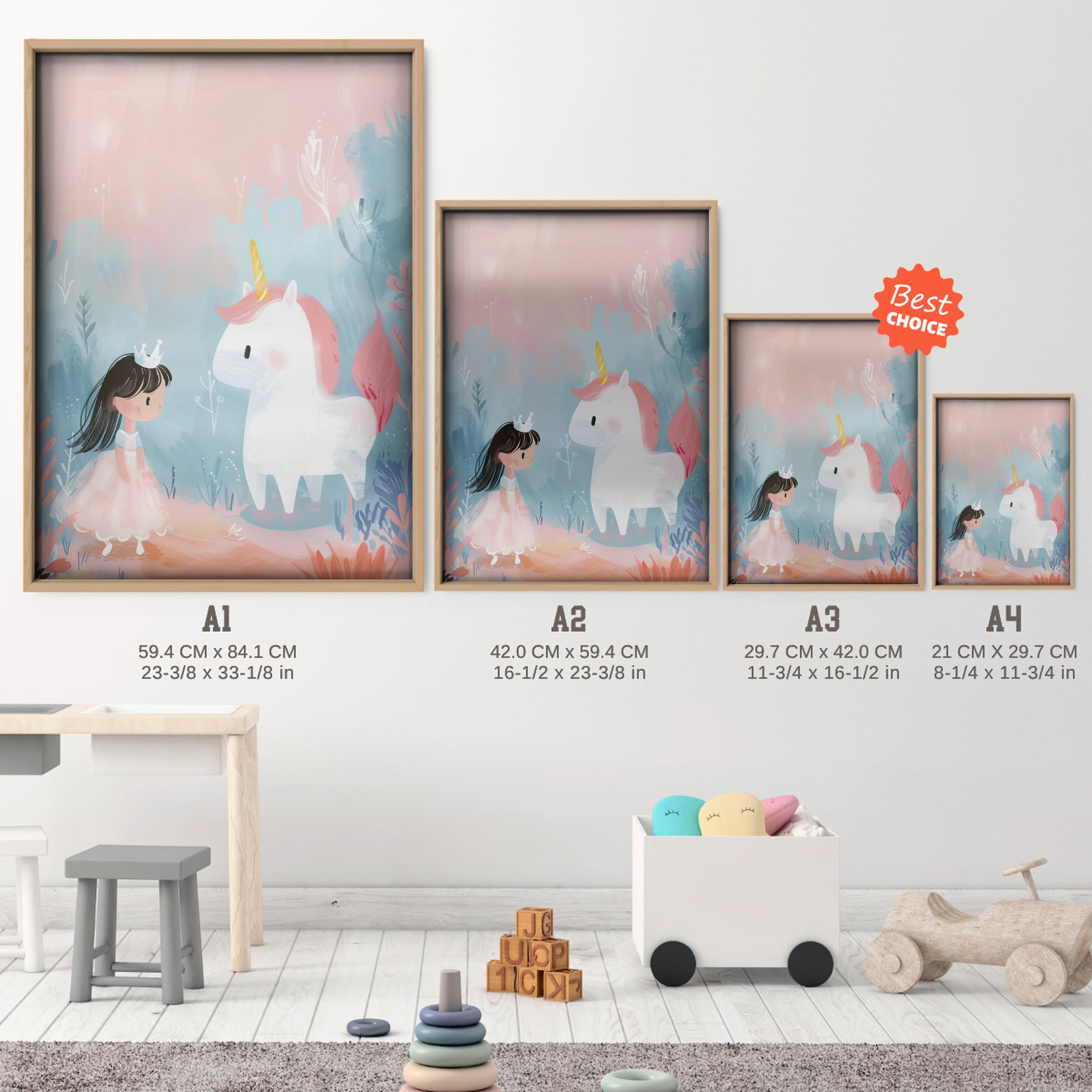 Girl and Unicorn Nursery Print - size guide A4 A3 A2 A1 nursery print