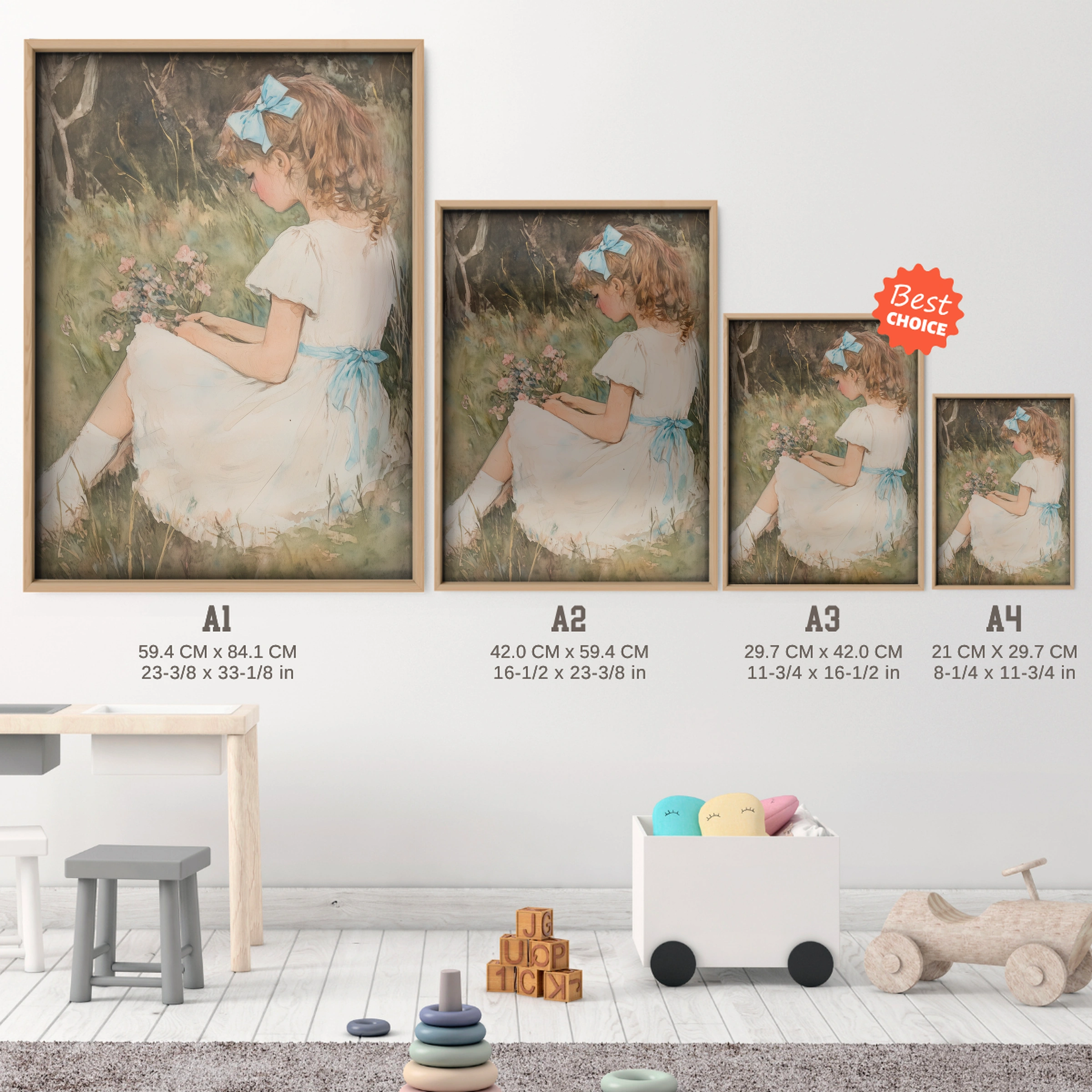 Girl Gathering Flowers Nursery Print - size guide A4 A3 A2 A1 nursery print
