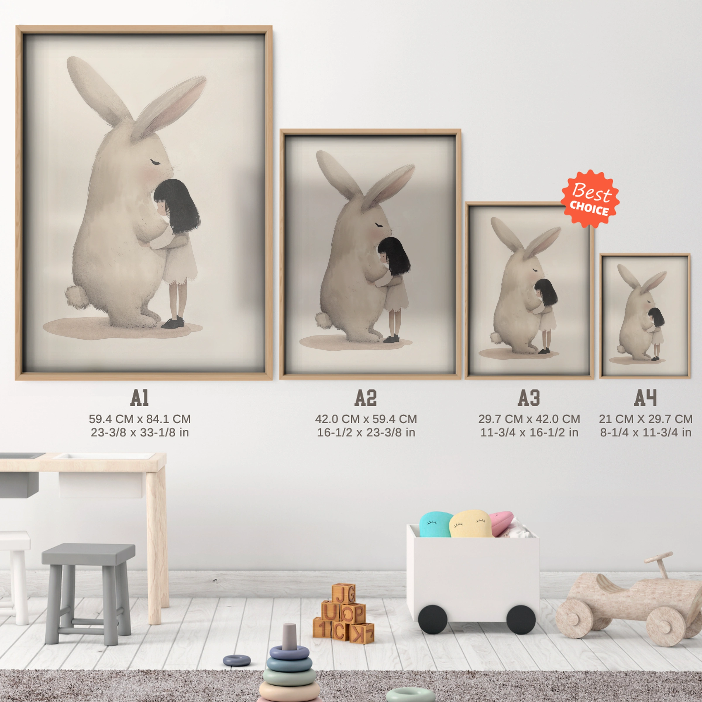 Girl Hugging a Bunny Nursery Print - size guide A4 A3 A2 A1 nursery print