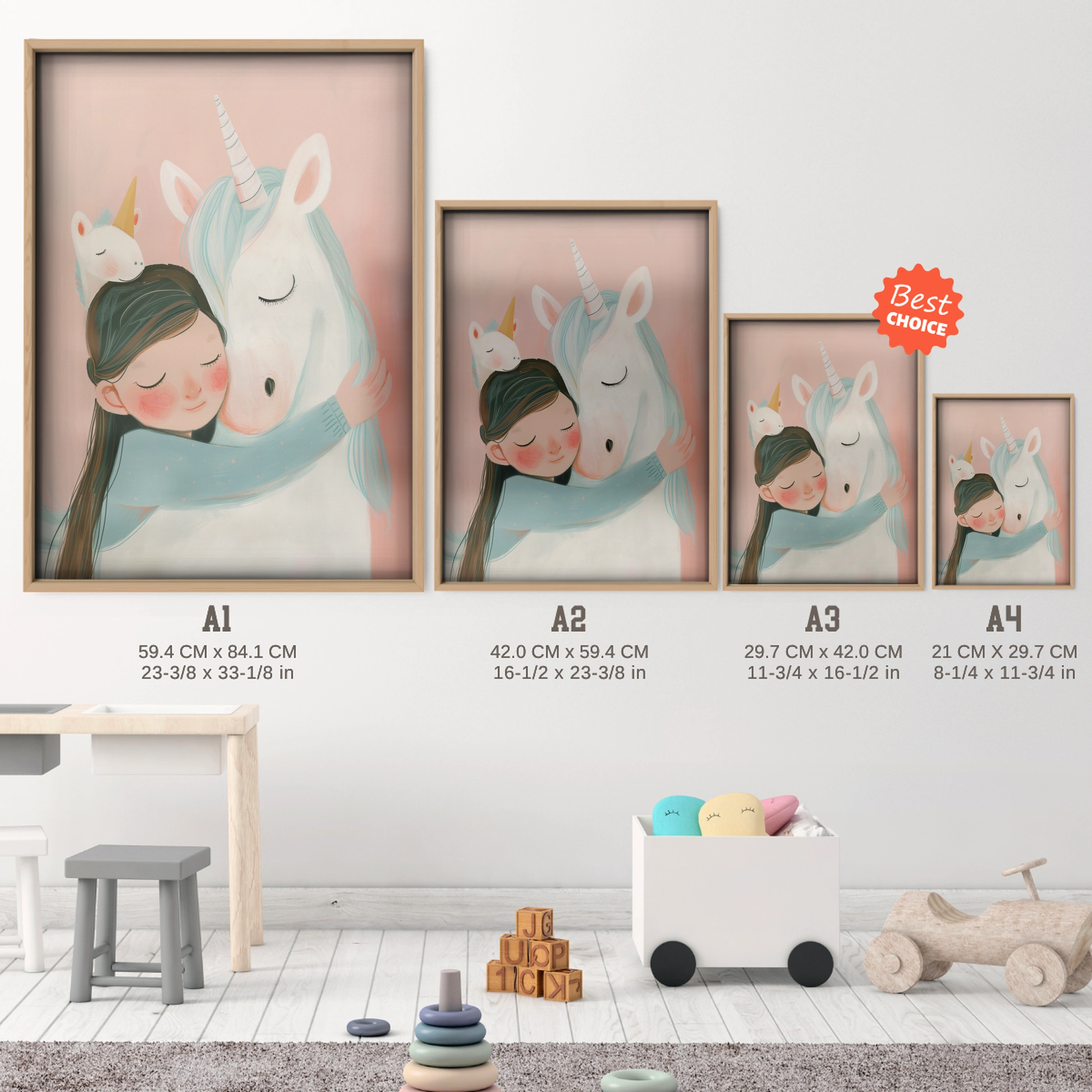 Girl Hugging Unicorn Nursery Print - size guide A4 A3 A2 A1 nursery print