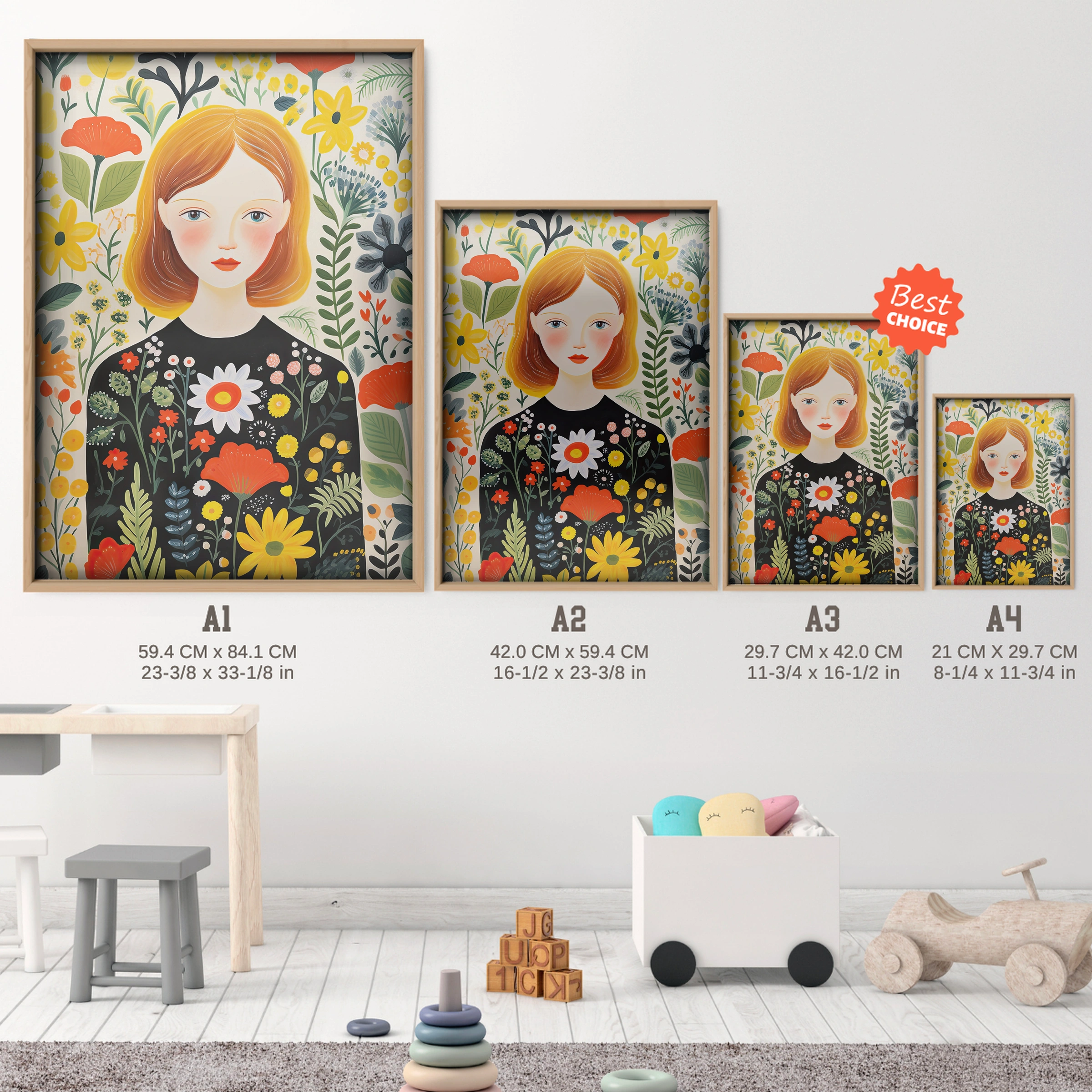 Girl in a Floral Dress Nursery Print - size guide A4 A3 A2 A1 nursery print