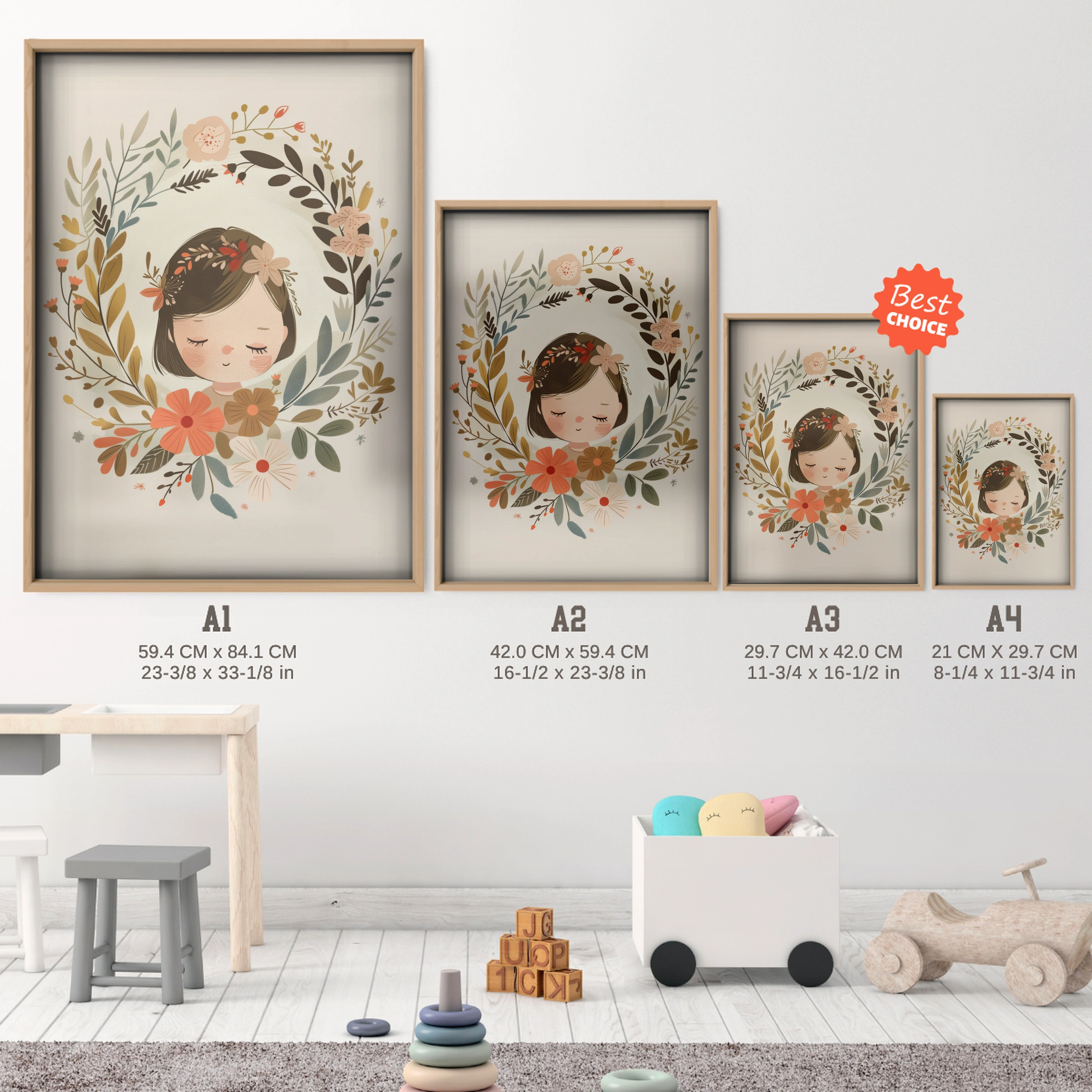 Girl in a Floral Wreath Nursery Print - size guide A4 A3 A2 A1 nursery print