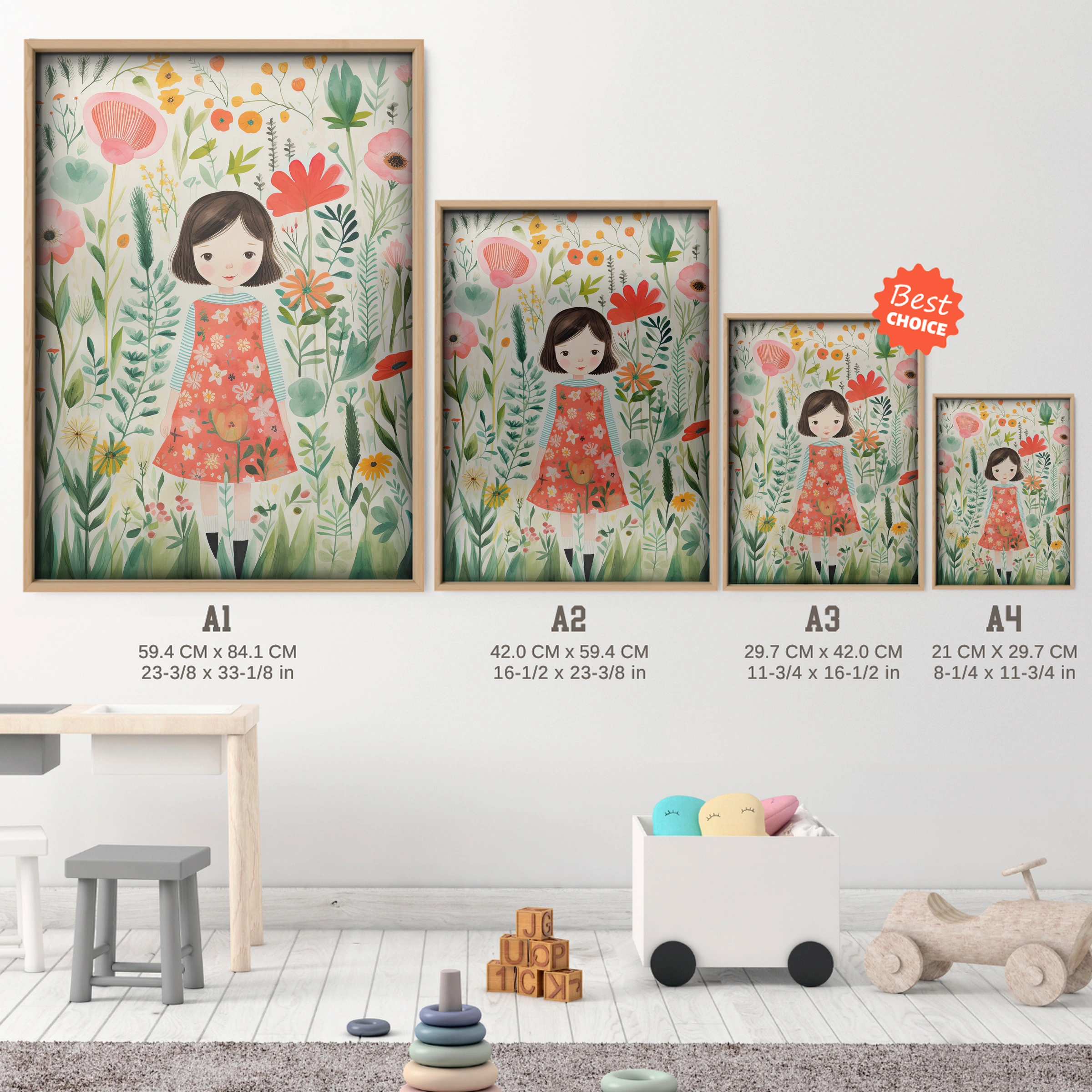 Girl in a Garden Nursery Print - size guide A4 A3 A2 A1 nursery print