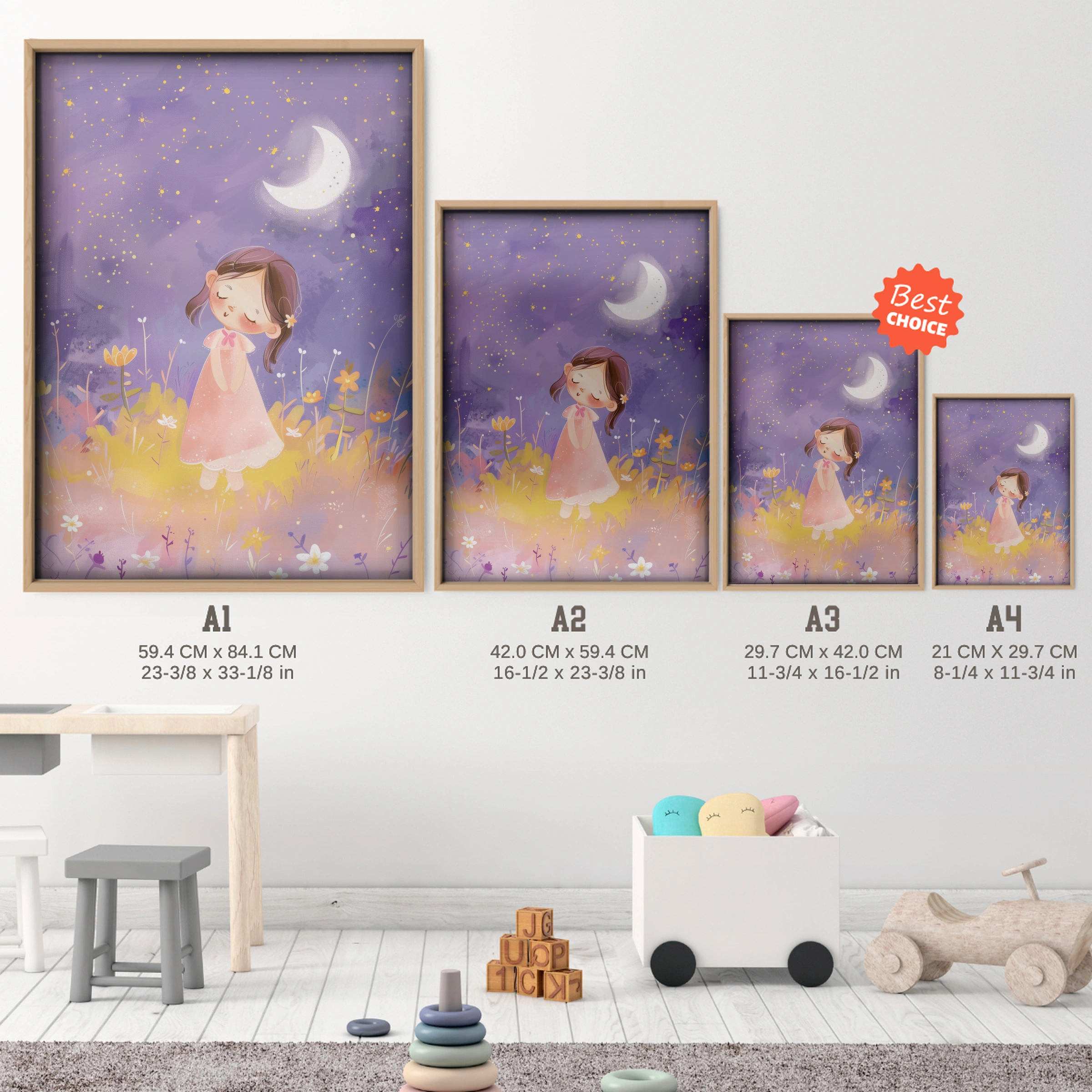 Girl in a Meadow Nursery Print - size guide A4 A3 A2 A1 nursery print