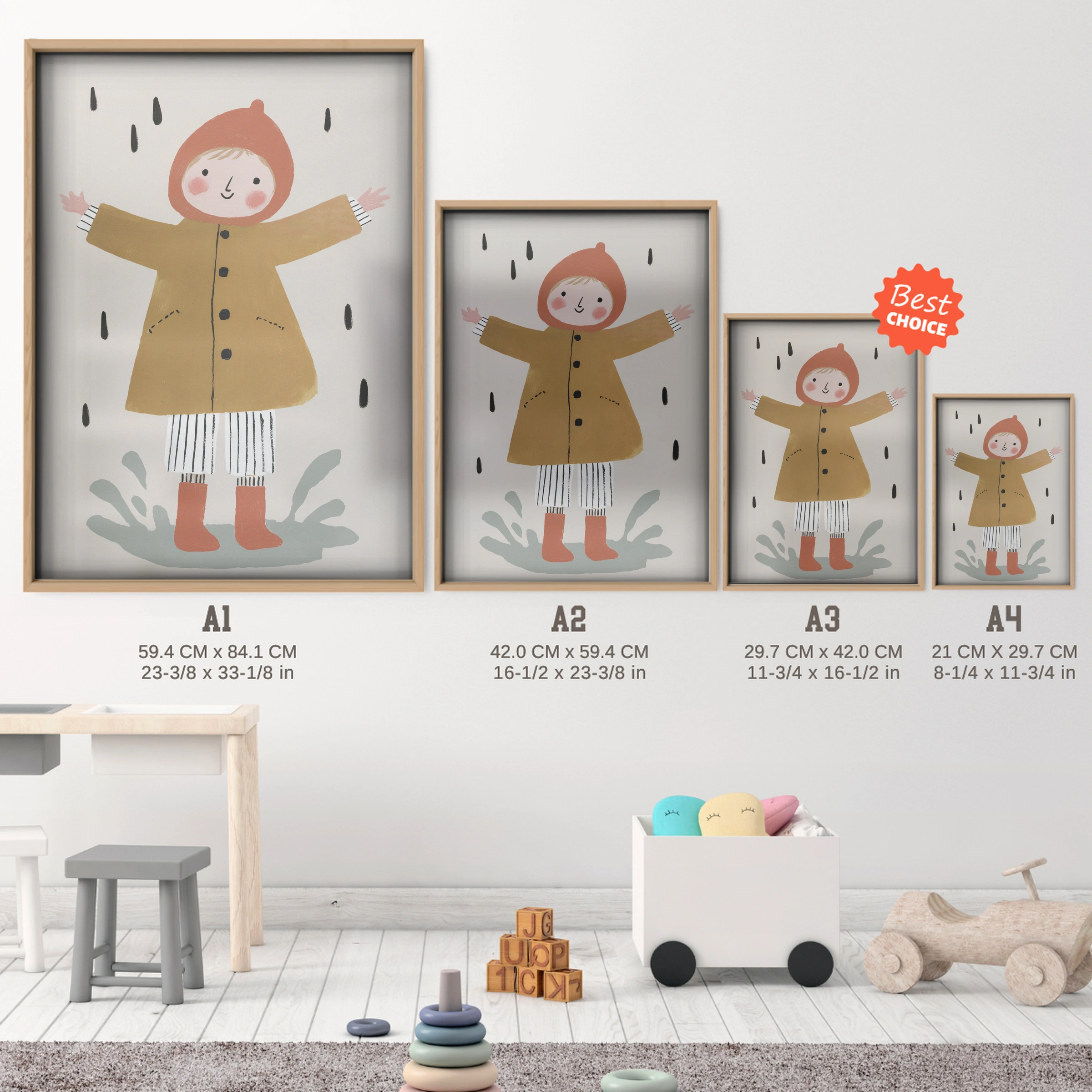 Girl in a Raincoat Nursery Print - size guide A4 A3 A2 A1 nursery print