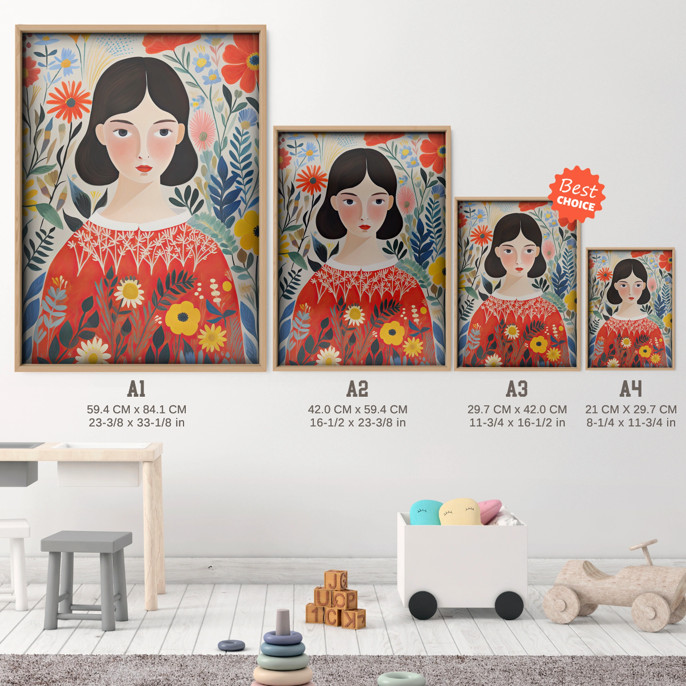Girl in a Red Jumper Nursery Print - size guide A4 A3 A2 A1 nursery print