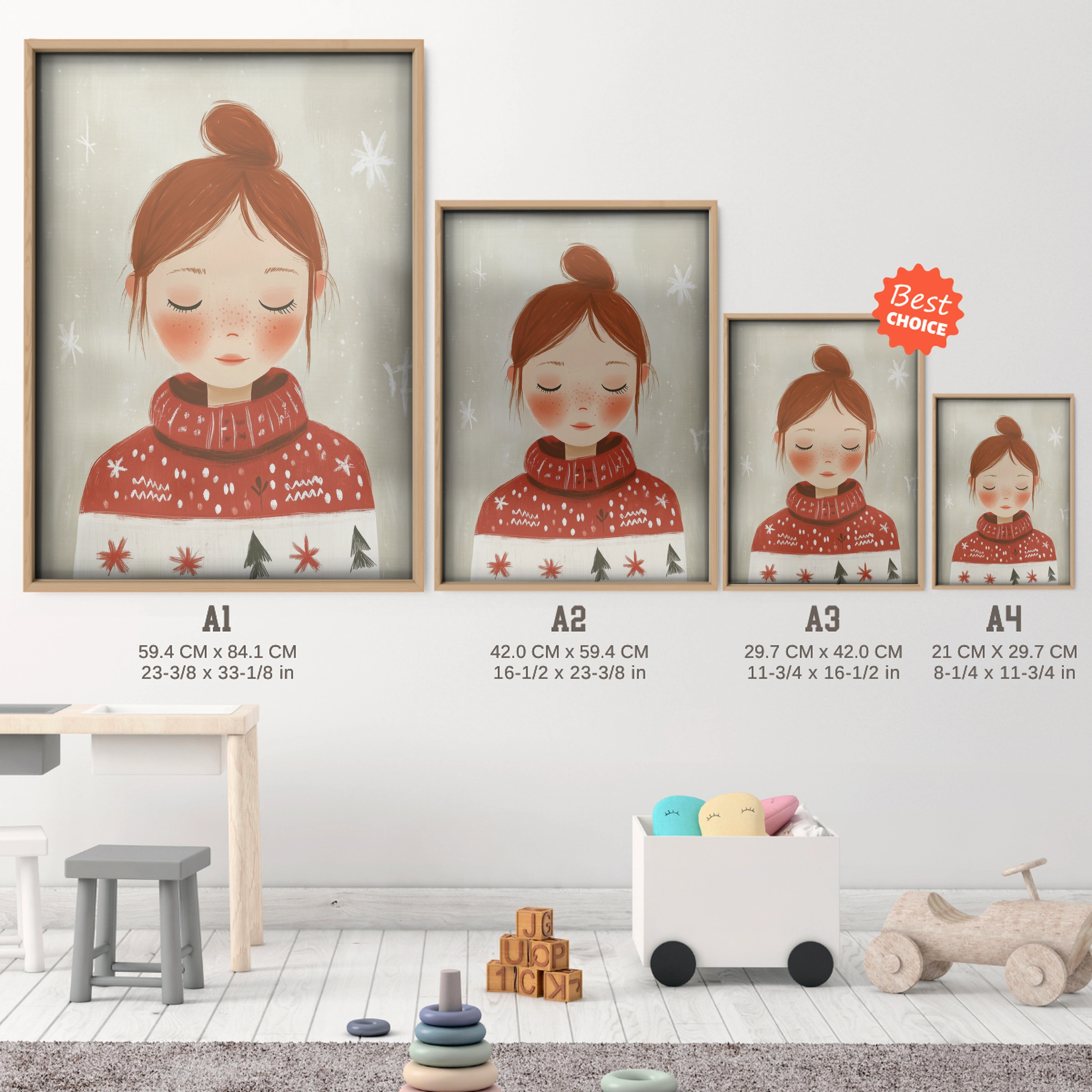 Girl in a Red Sweater Christmas Print - size guide A4 A3 A2 A1 nursery print
