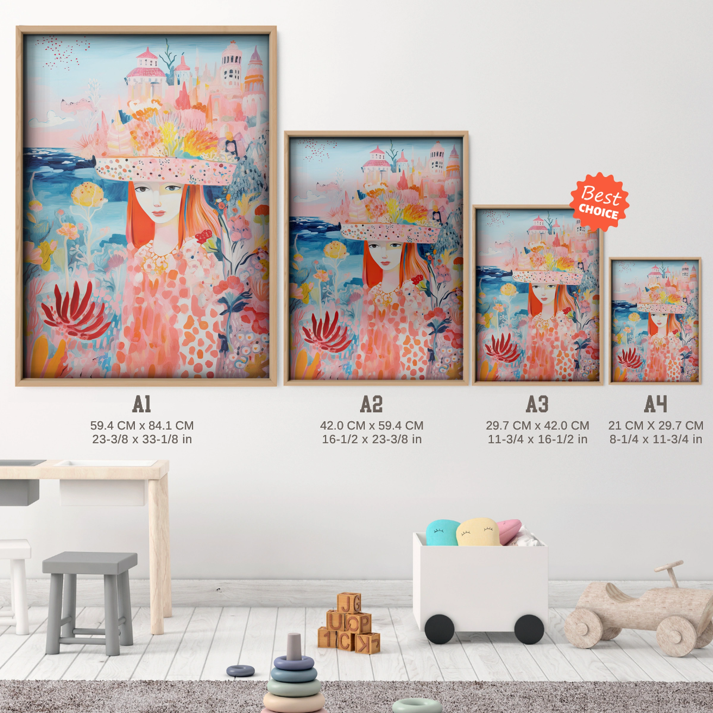 Girl in a Sun Hat Nursery Print - size guide A4 A3 A2 A1 nursery print