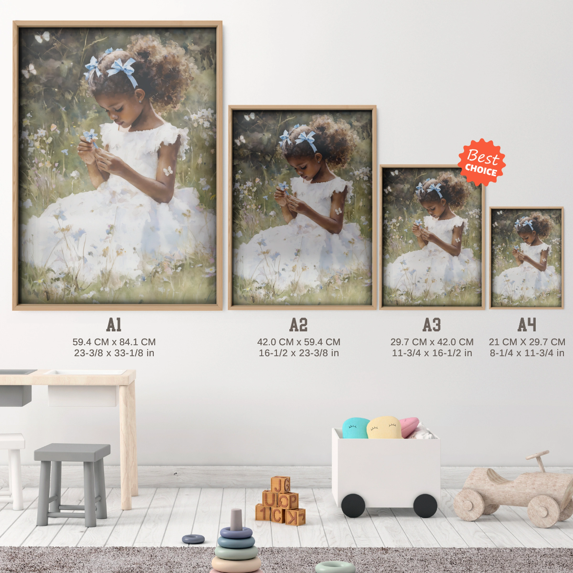 Girl in a White Dress Nursery Print - size guide A4 A3 A2 A1 nursery print