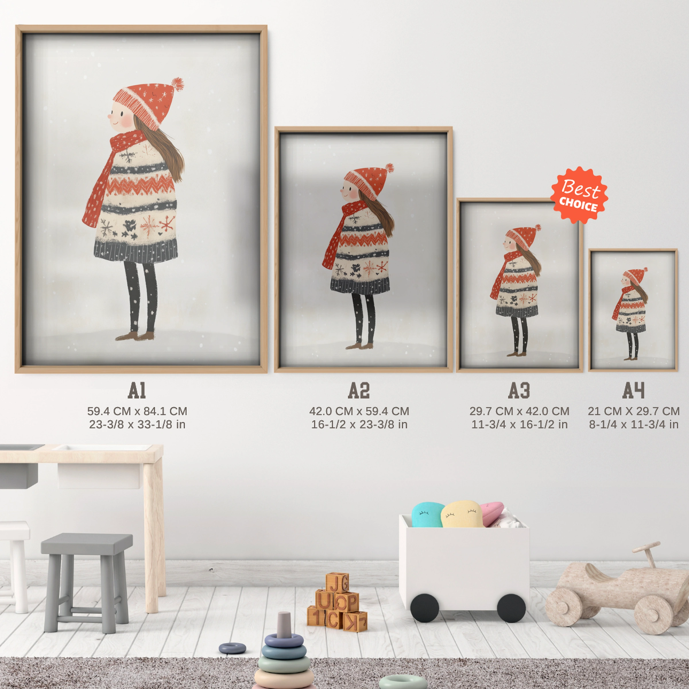 Girl in a Winter Hat Christmas Print - size guide A4 A3 A2 A1 nursery print