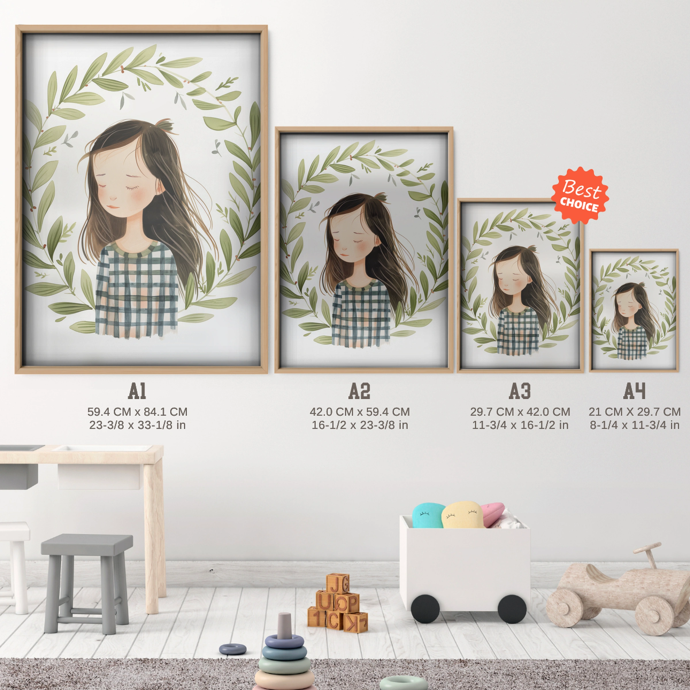 Girl in a Wreath Nursery Print - size guide A4 A3 A2 A1 nursery print