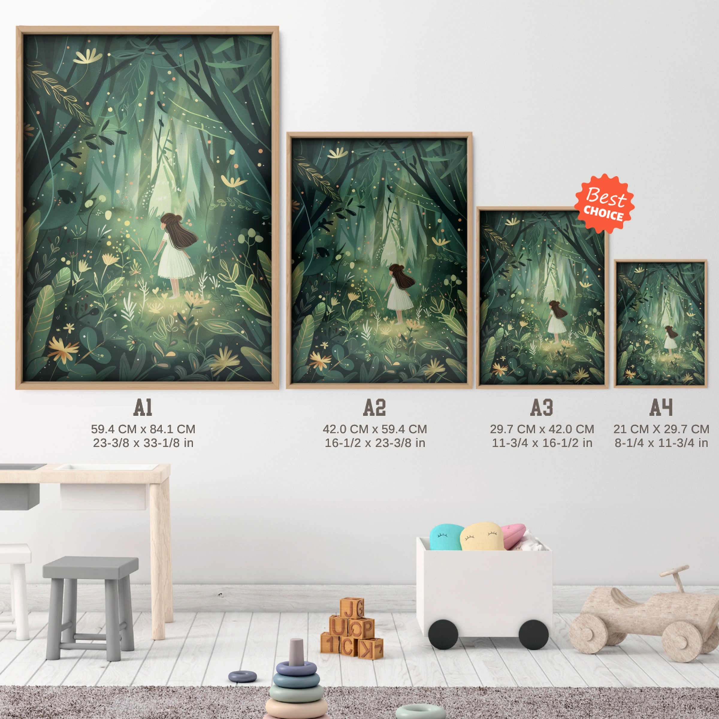 Girl in the Forest Nursery Print - size guide A4 A3 A2 A1 nursery print