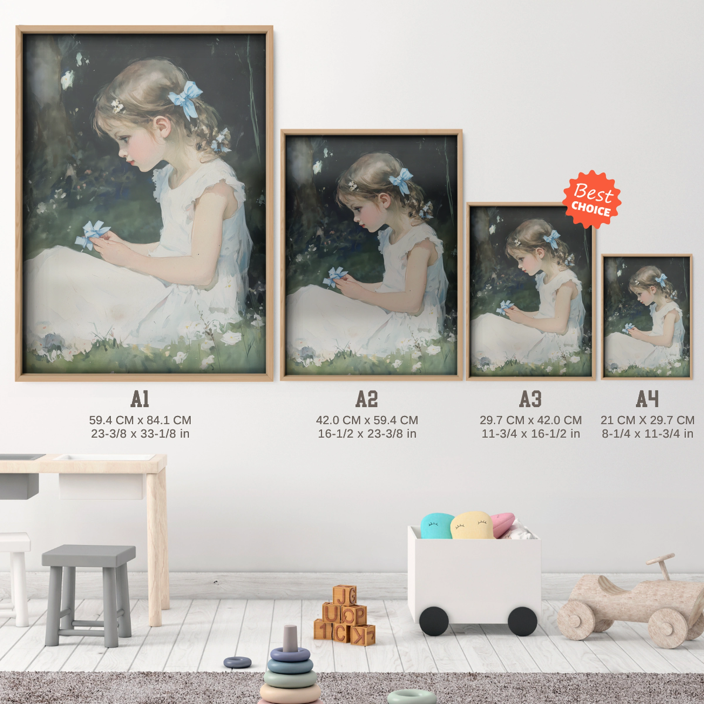 Girl in the Meadow Nursery Print - size guide A4 A3 A2 A1 nursery print