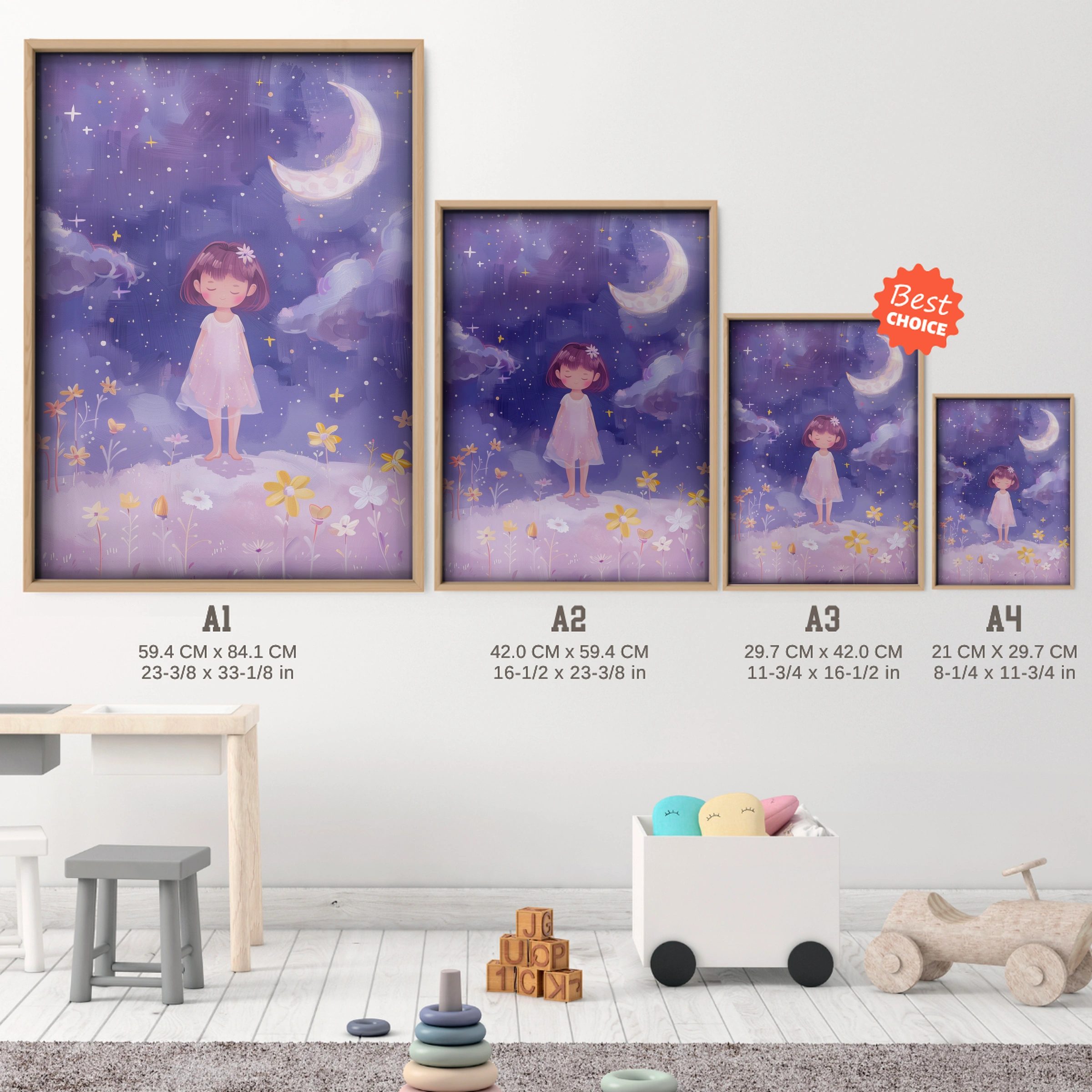 Girl in the Night Field Nursery Print - size guide A4 A3 A2 A1 nursery print