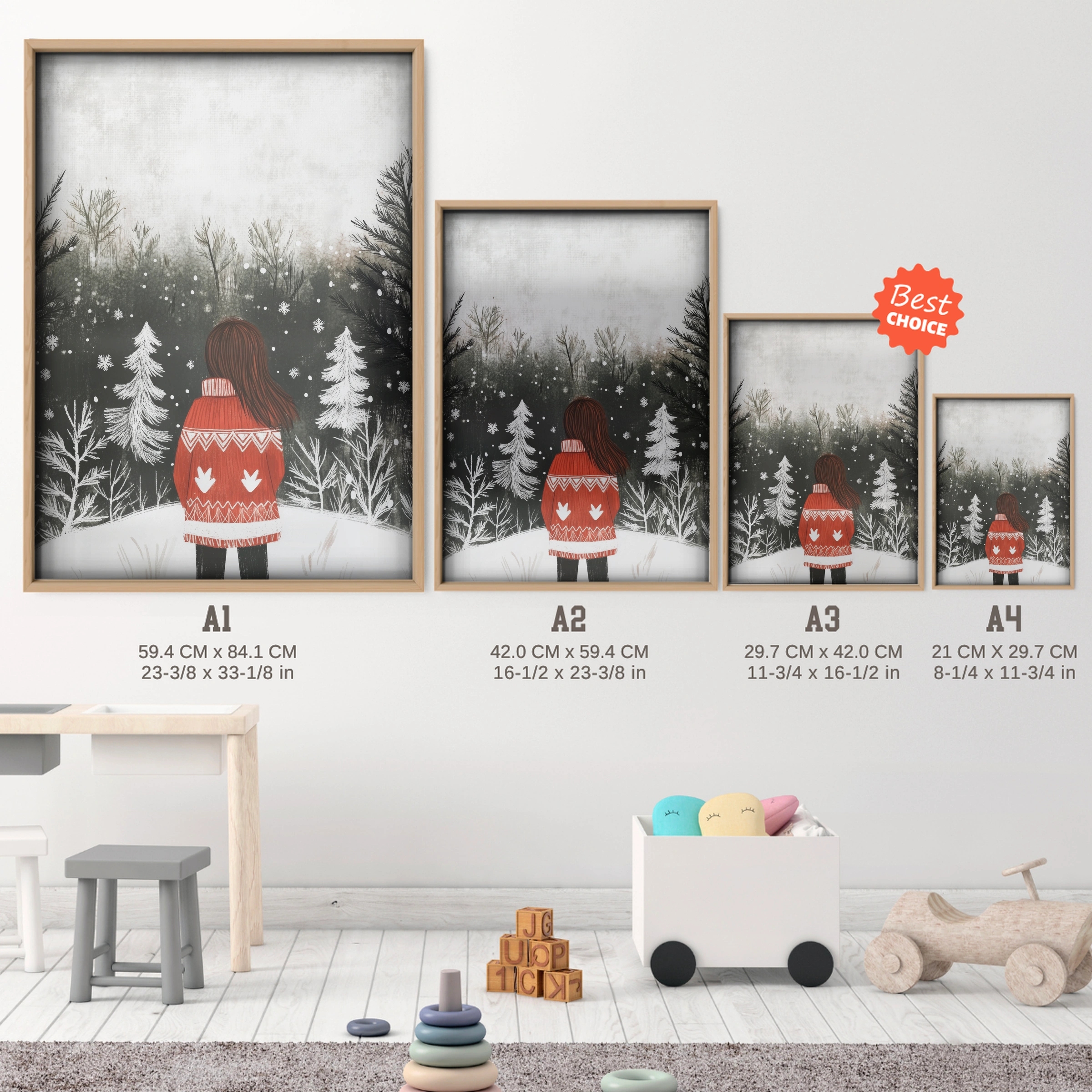 Girl in the Winter Forest Christmas Print - size guide A4 A3 A2 A1 nursery print