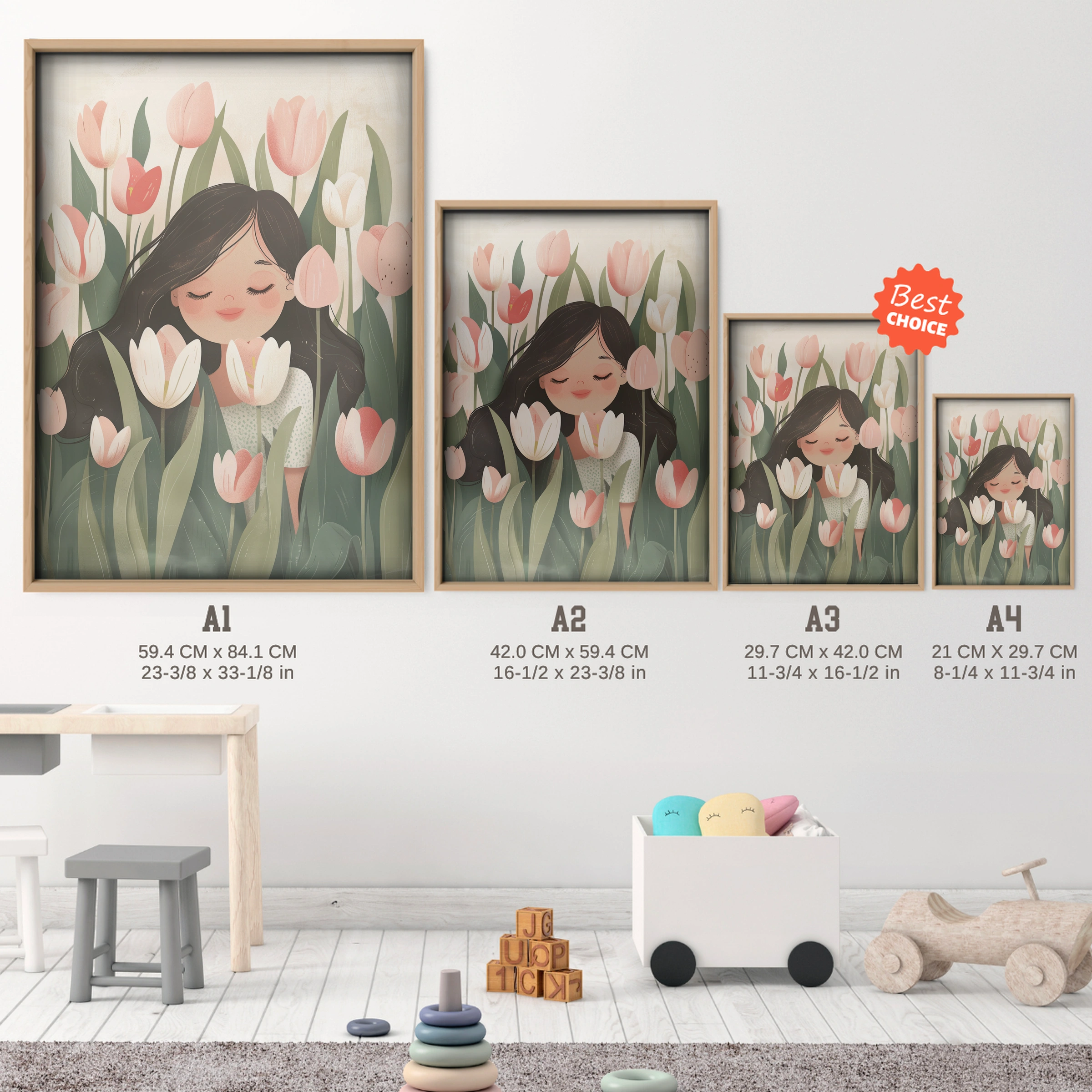 Girl in Tulips Nursery Print - size guide A4 A3 A2 A1 nursery print