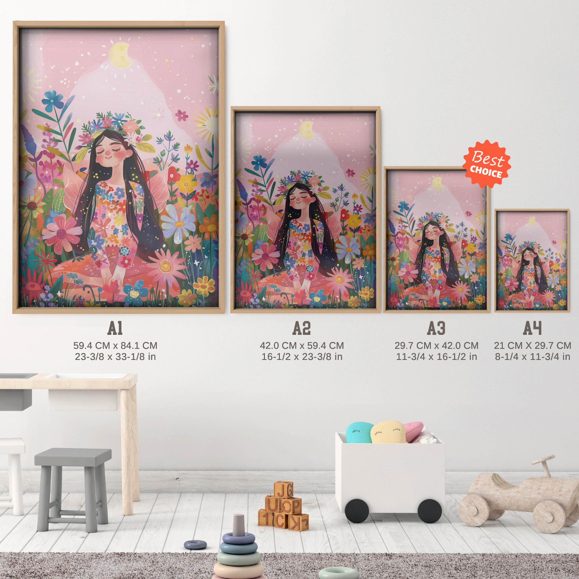 Girl in Wildflowers Nursery Print - size guide A4 A3 A2 A1 nursery print