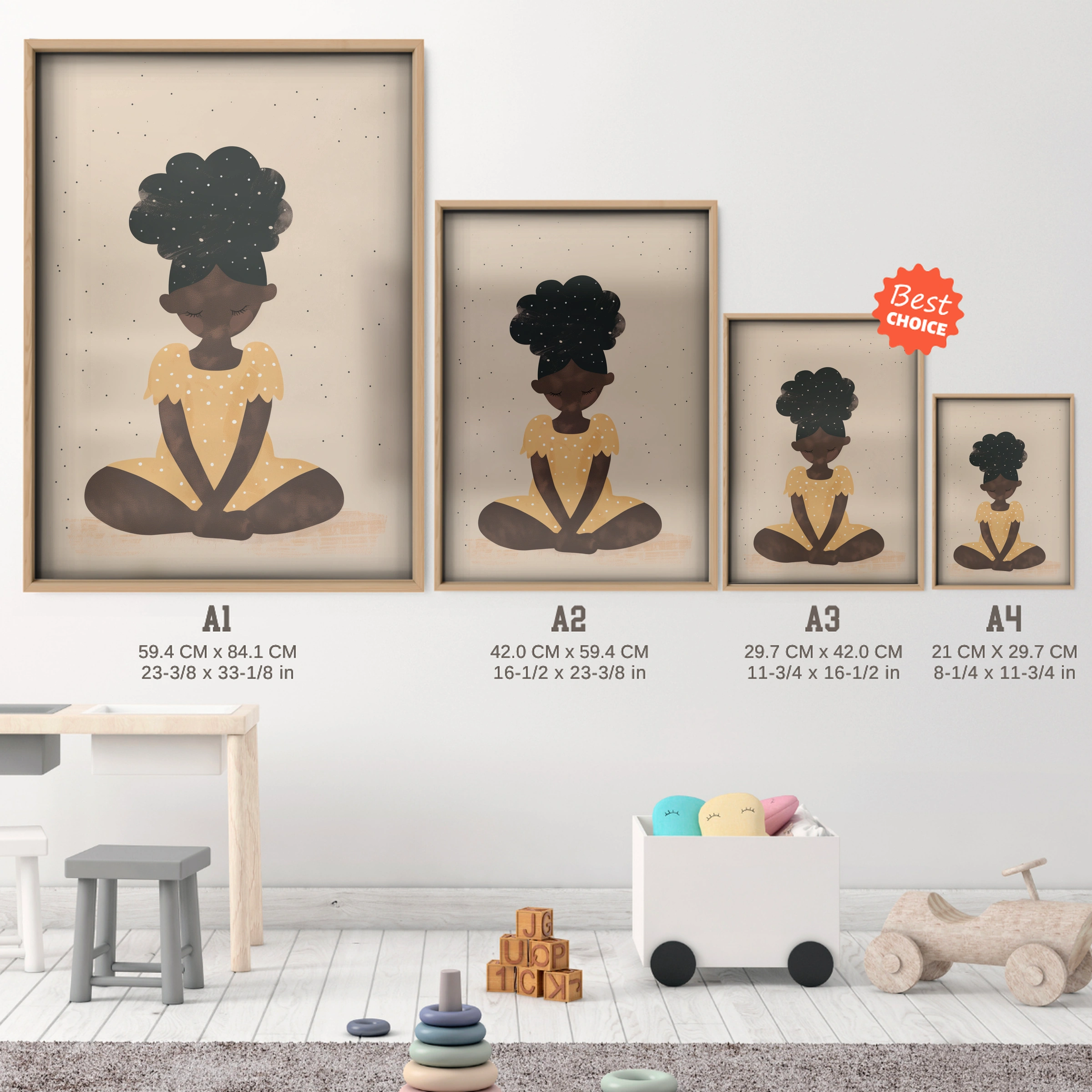 Girl Meditating Nursery Print - size guide A4 A3 A2 A1 nursery print