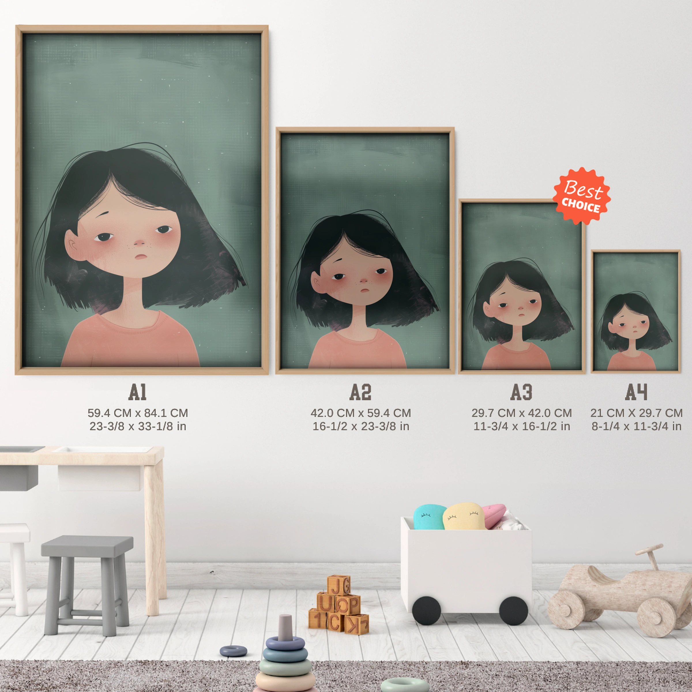 Girl Portrait Nursery Print - size guide A4 A3 A2 A1 nursery print